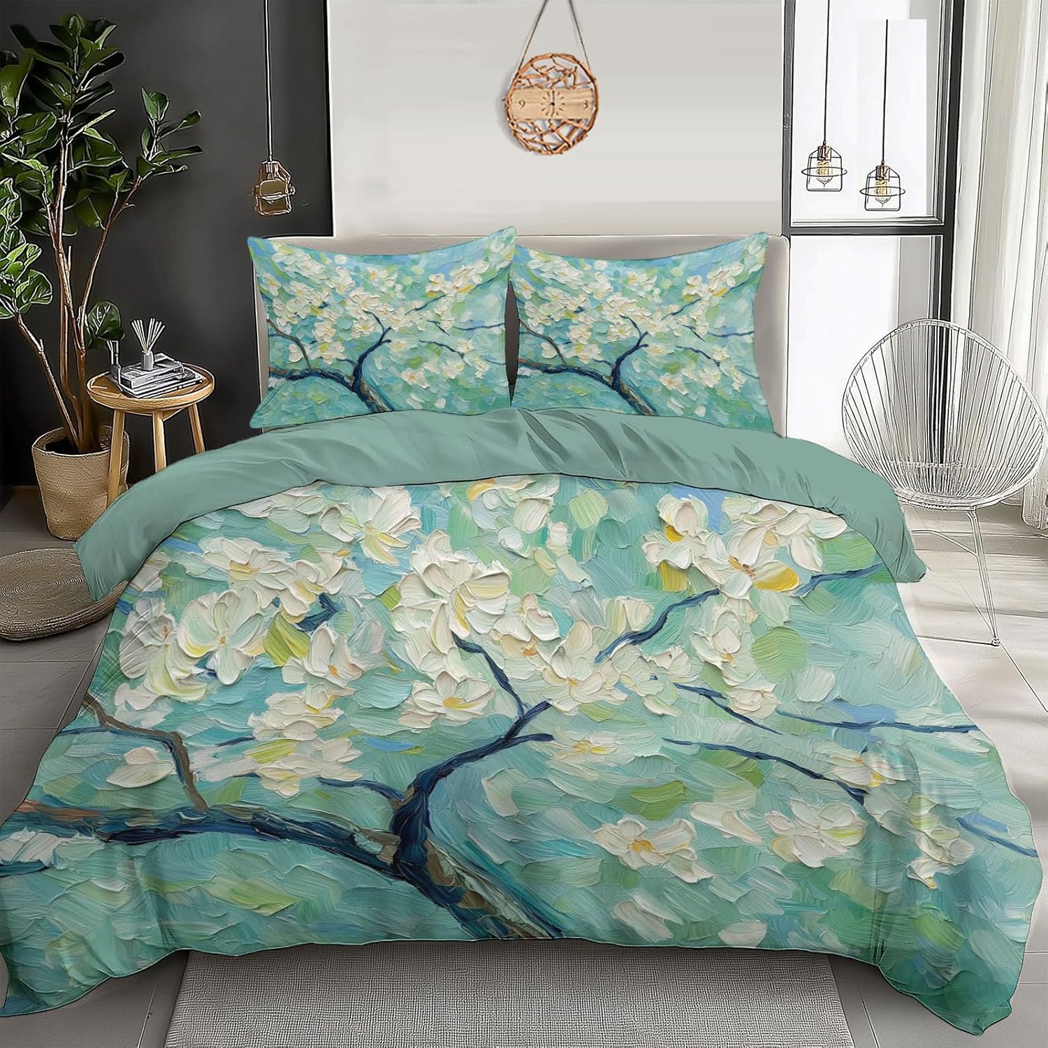 Apricot Blossom Quilts - Impressionist Style Country Quilt Double Bedding Sets Quilt for Adults Comforter 3D Print Quilt Bed Set for Soft Microfiber Lightweight Quilts Decor