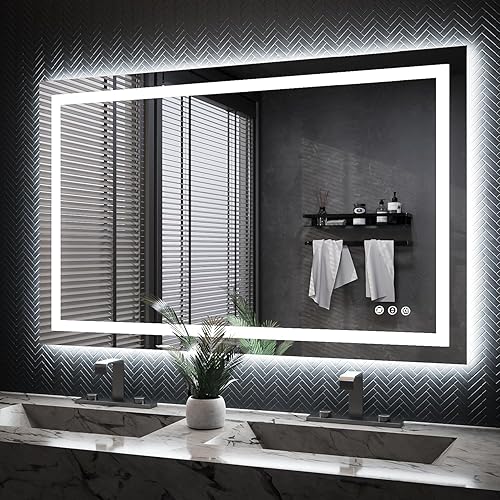 ISKM Espejo LED de baño de 48 x 30 pulgadas, espejo LED para baño con luz frontal y retroiluminada, espejo iluminado regulable para pared, vidrio
