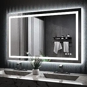 ISKM 48''x30'' LED Mirror for Bathroom, with Front and Backlit Dimmable Illuminated for Wall Anti-Fog Tempered Glass