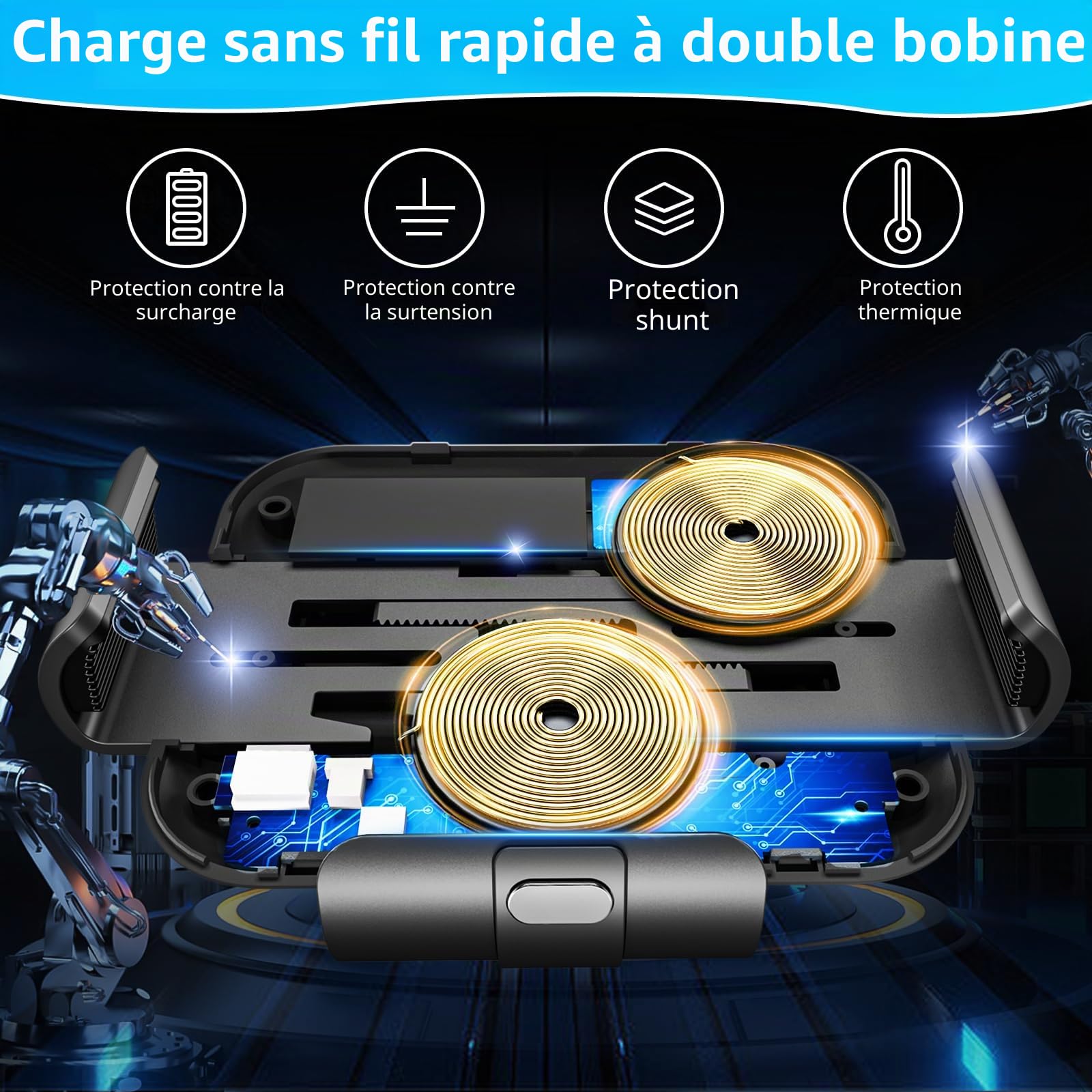 Dual Coils Support de téléphone portable sans fil 15 W avec fonction de charge à induction automatique Qi Chargeur de voiture sans fil pour Samsung Galaxy Z Fold 6/5/4/3 USB QC 3.0
