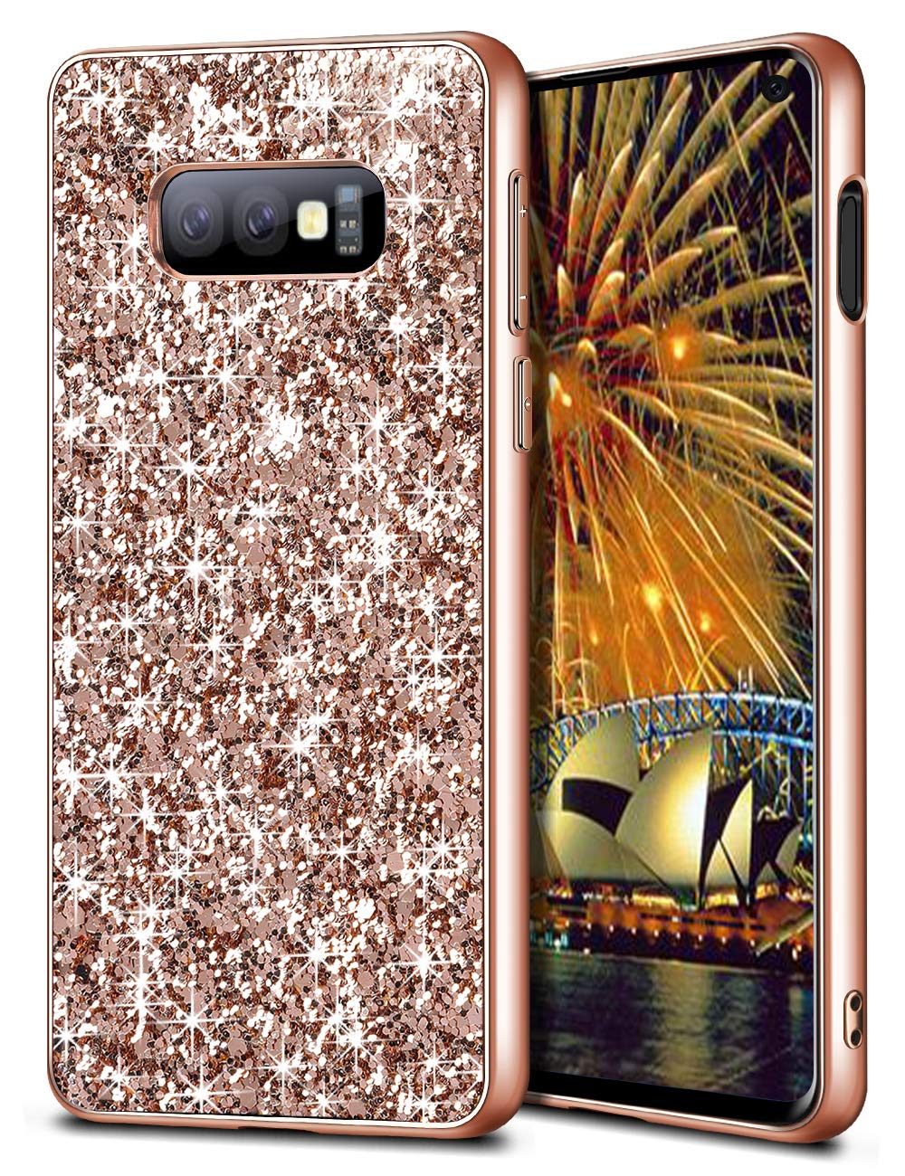 WOLLONY for Galaxy S10E Case,Ultra Slim Bling Shiny Glitter Shockproof Case for Girl Hybrid TPU Shock-Absorption Bumper Sparkle Hard Back Cover Anti Drop for Galaxy S10 E 5.8inch 2019 - Champagne