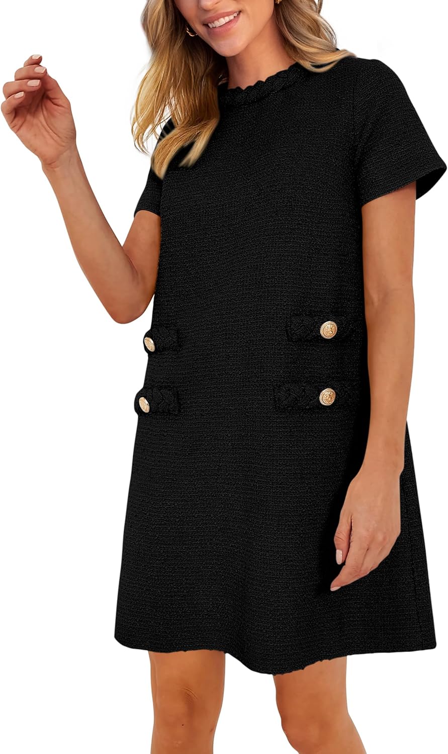 PRETTYGARDEN Women’s Summer Tweed Short Dress Crewneck Short Sleeve A Line Mini Casual Elegant Cute Party Vintage Dresses