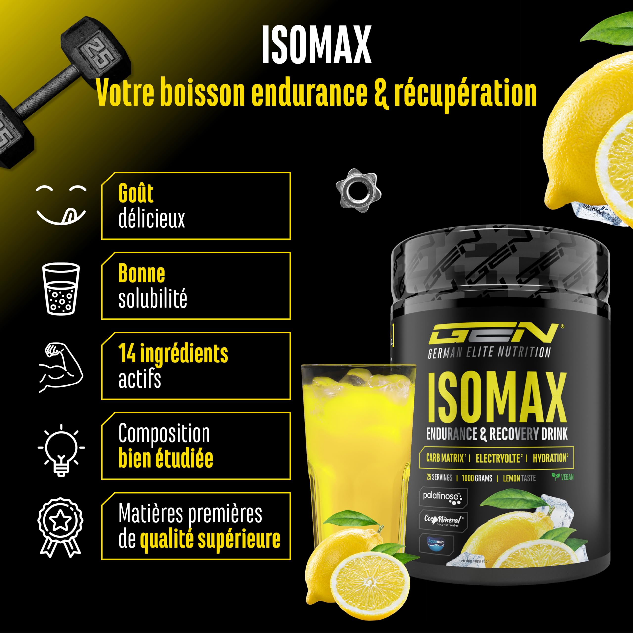 Isomax - 1000g de poudre pour boisson isotonique avec maltodextrine, glucose, eau de coco, acides aminés, électrolytes & vitamines - végétalien - avec Palatinose™, CocoMineral®, Aquamin® (citron)