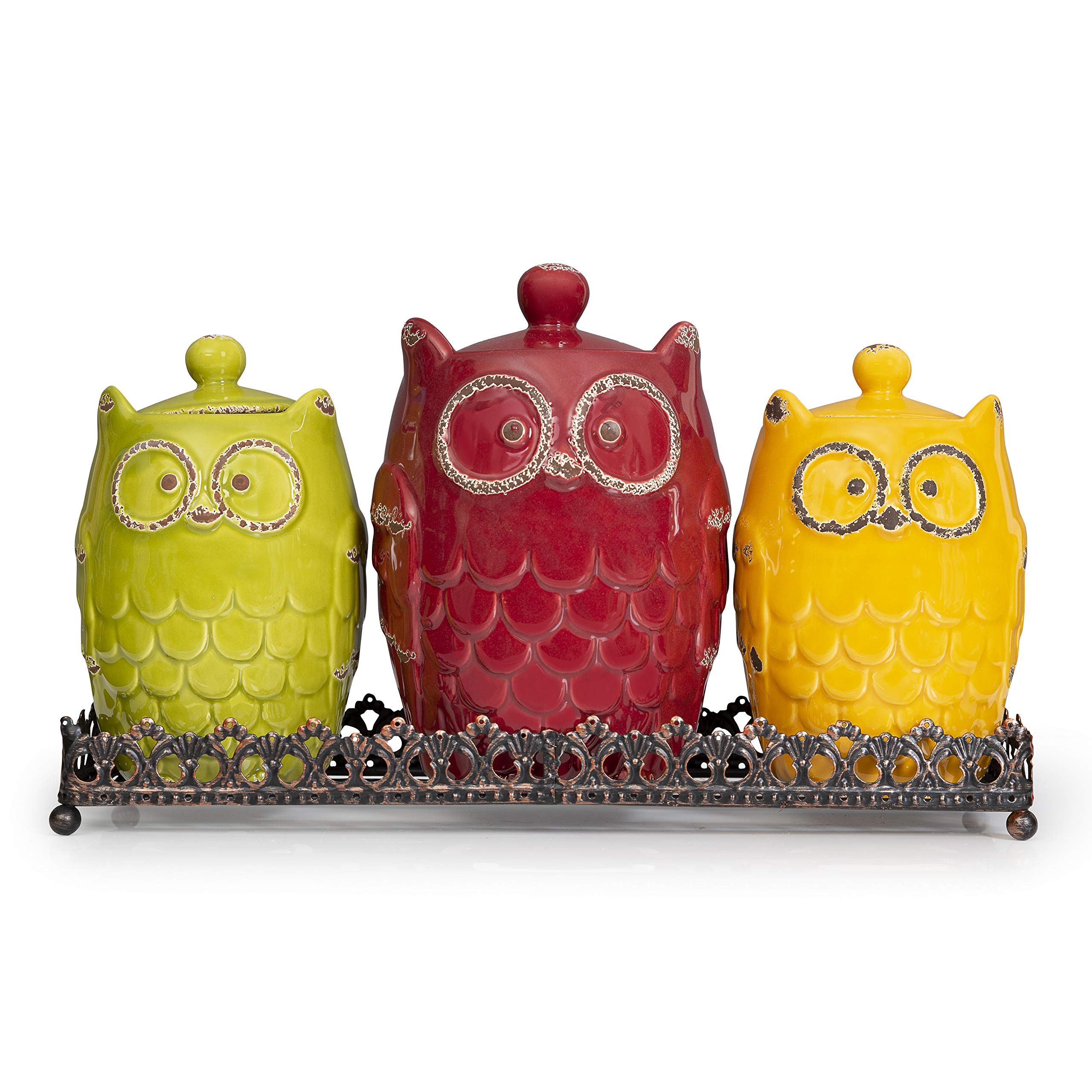 Kitchen Canister Set & Metal Tray Ceramic Canister Set with Base Earthenware Owl Design