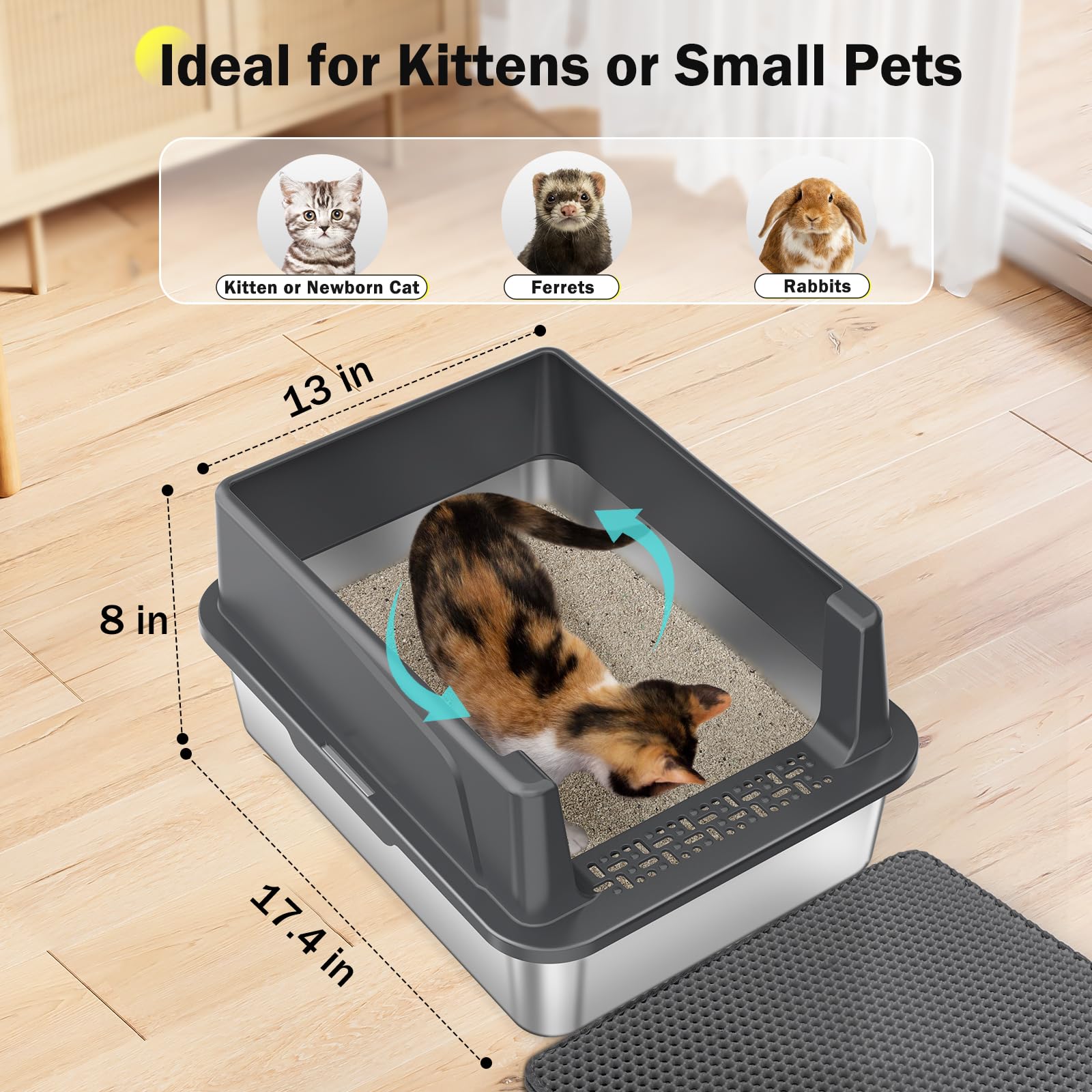 Stainless Steel Cat Litter Box with Lid, High-Sided Metal Litter Pan for Small Cats, Kitty Litter Box, Non-Stick & Odor-Resistant, Anti-Urine Leakage, Easy to Clean, Scoop Included - image 7