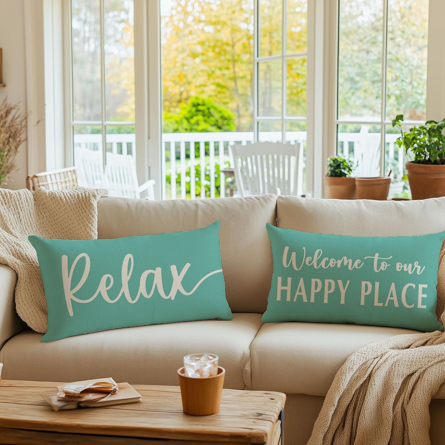 Welcome to Our Happy Place Relax Decorative Throw Pillow Covers 12x20 Inch Set of 2 Turquoise Outdoor Spring Summer Beach Decor Lumbar Cushion Case Decoration for Home Sofa Couch Living Room - Image 8