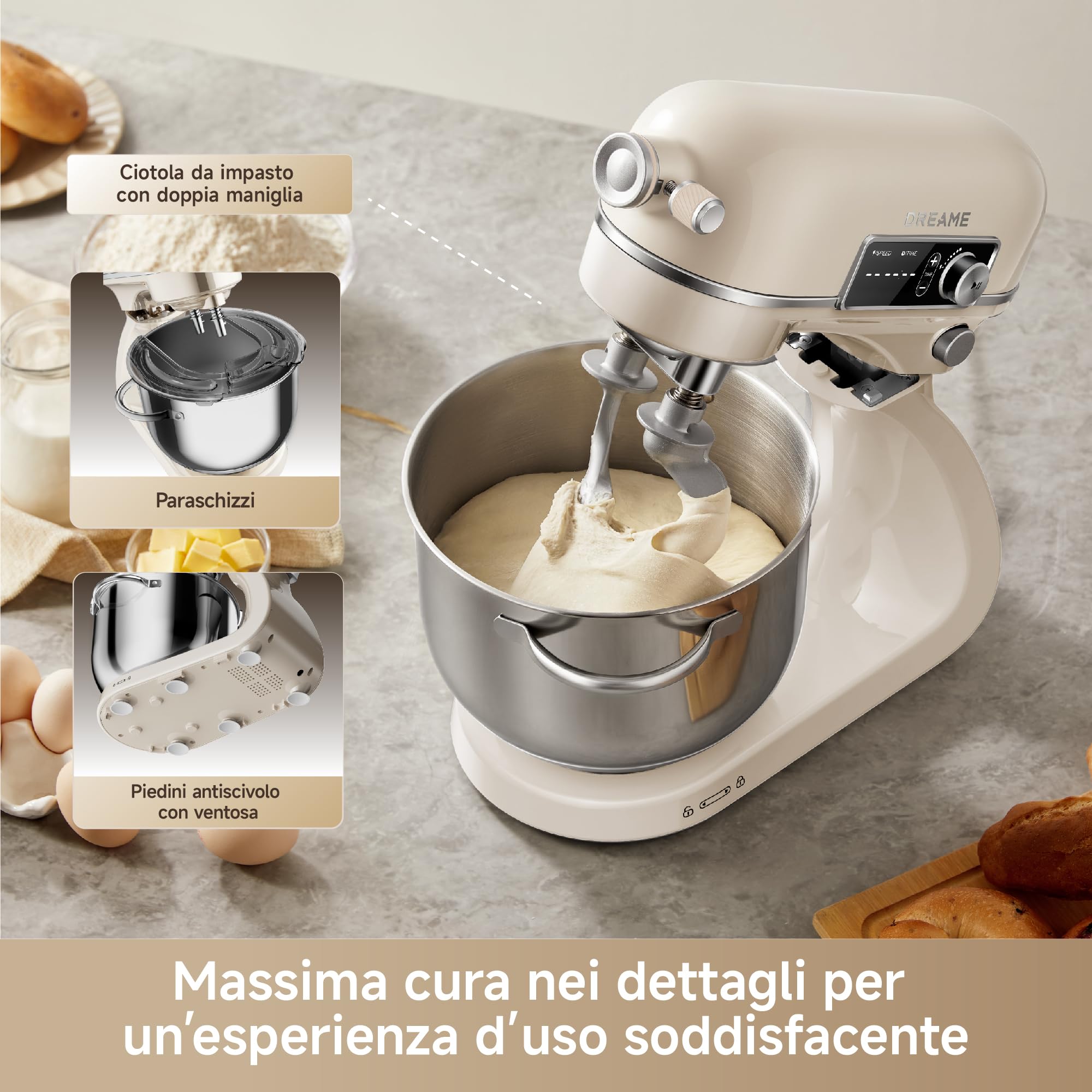 DREAME BioKnead Impastatrice Planetaria. Doppio Gancio Brevettato e Motore CC Silenzioso da 800 W con Ciotola da 6 L, Display Digitale, 12 Velocità e Numerosi Accessori per Ogni Attività, Bianco