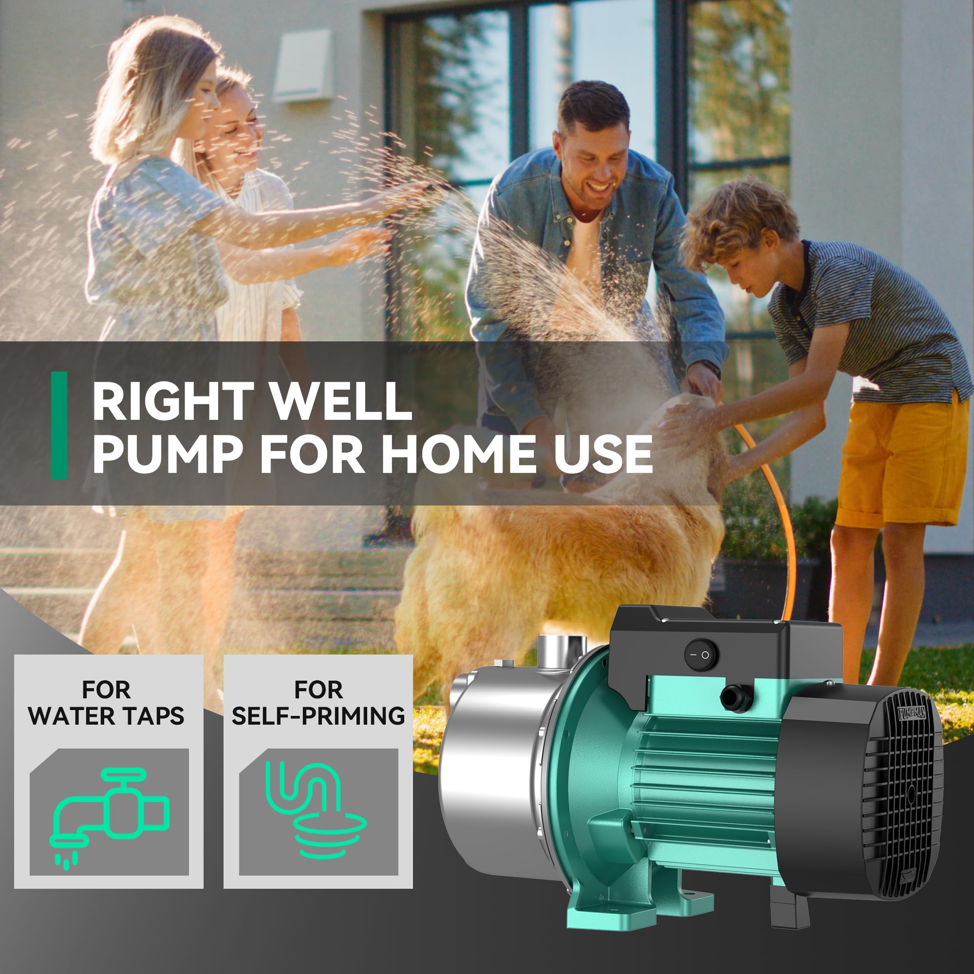 Amazon | PUMPMAN 1HP 浅井戸ポンプ、ポータブル水移しガーデンポンプ
