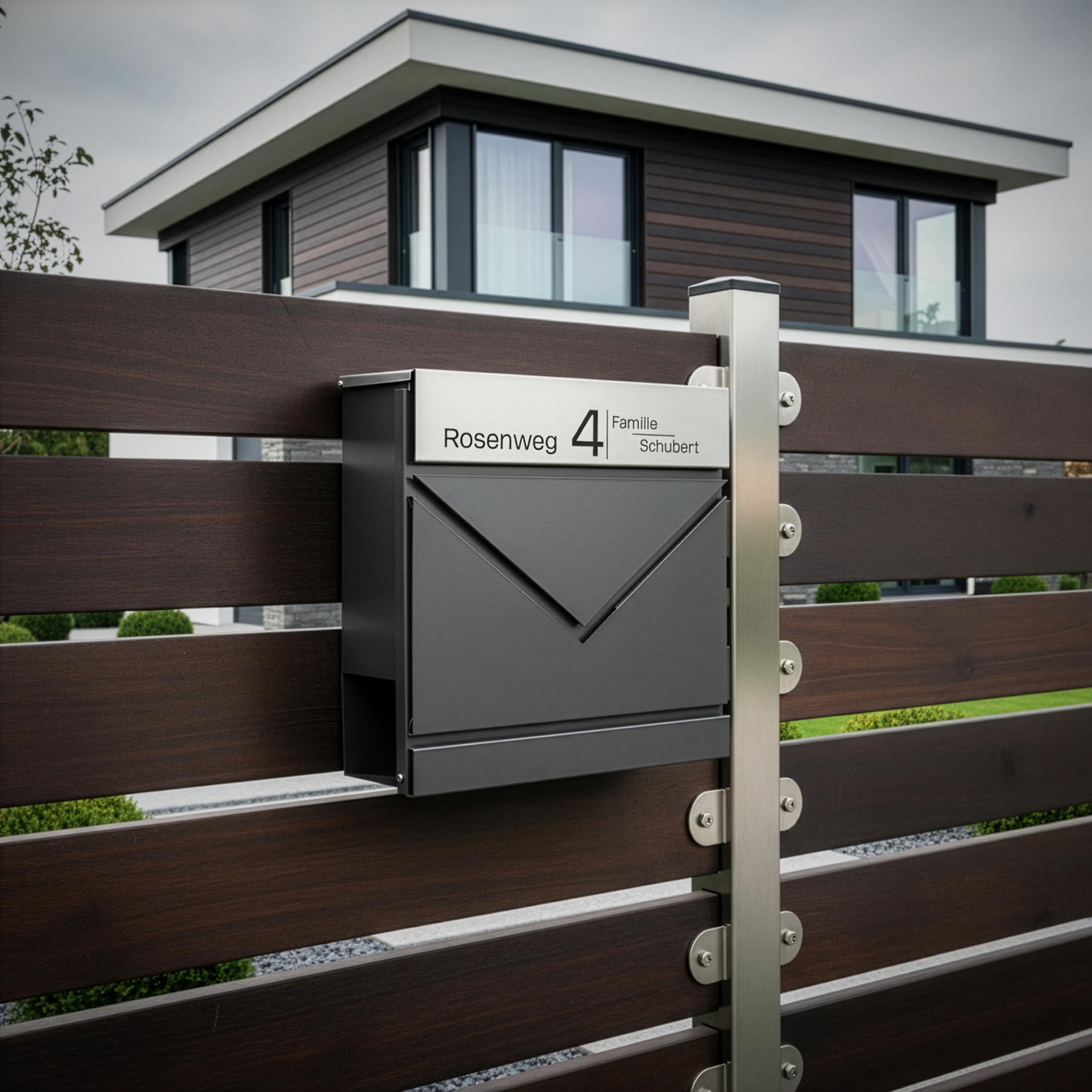 Grafner Premium Briefkasten personalisiert, RAL7016 mit Zeitungsfach und 2 Schlüssel, moderner Postkasten mit Name Straße Hausnummer, anthrazitgrau Wandbriefkasten graviert, mit Montagematerial