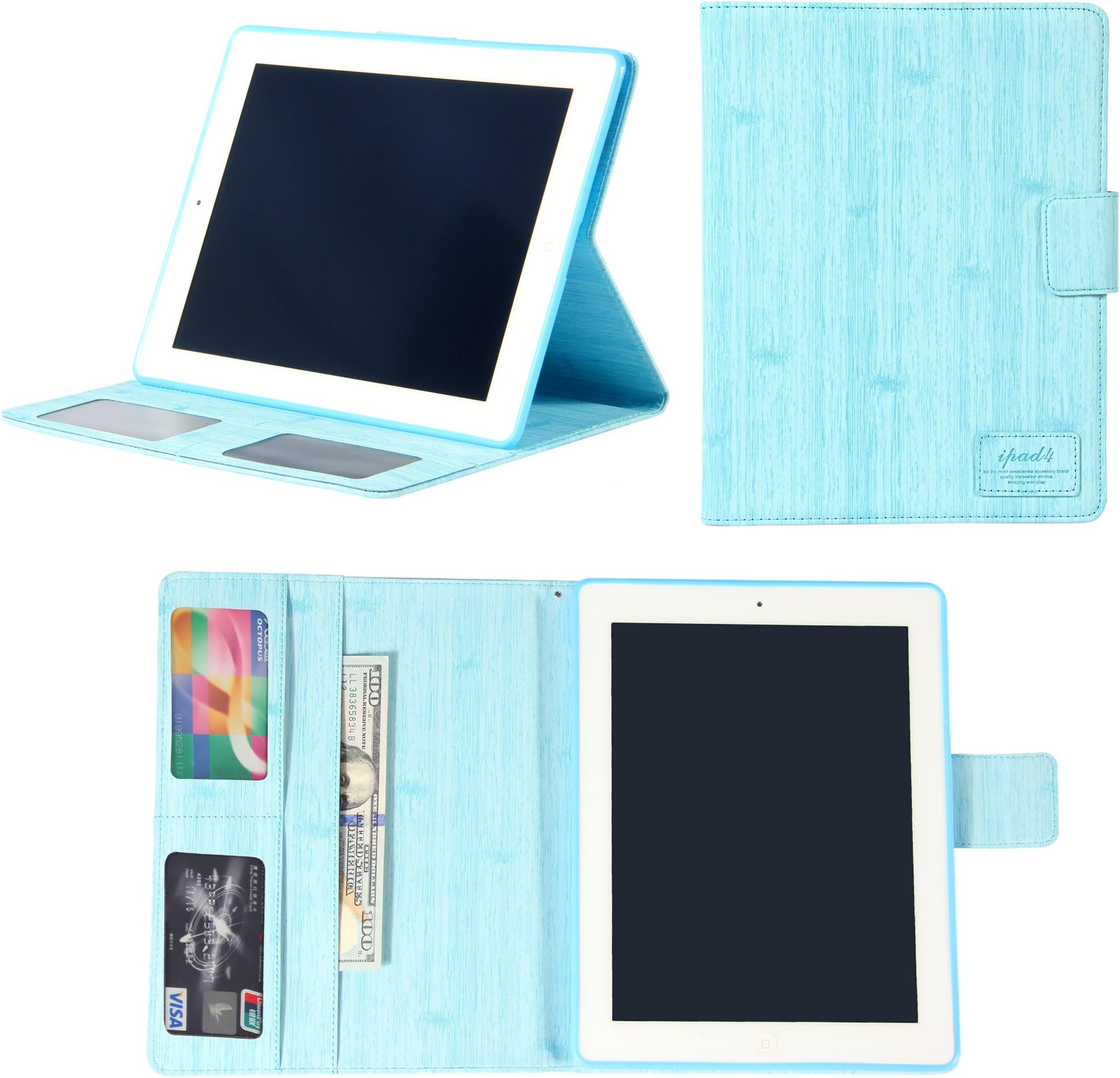 iPad Case, Jollyfit Travel iPad 2 3 4 Generation with Card Slots and Pocket PU Leather Stand Folio Case, Smart Wake/Sleep Protective Cover for Apple iPad 2/3/4 (SkyBlue)