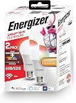 Energizer Connecter Smart A19 LED blanc & Couleurs multiples RGB Ampoule lumineuse avec contrôle de la voix et accès à distance via votre téléphone intelligent. Compatible avec Alexa et Google Assistant, paquet de 2