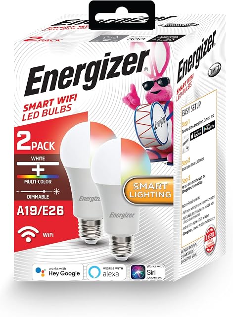 Energizer Connecter Smart A19 LED blanc & Couleurs multiples RGB Ampoule lumineuse avec contrôle de la voix et accès à distance via votre téléphone intelligent. Compatible avec Alexa et Google Assistant, paquet de 2