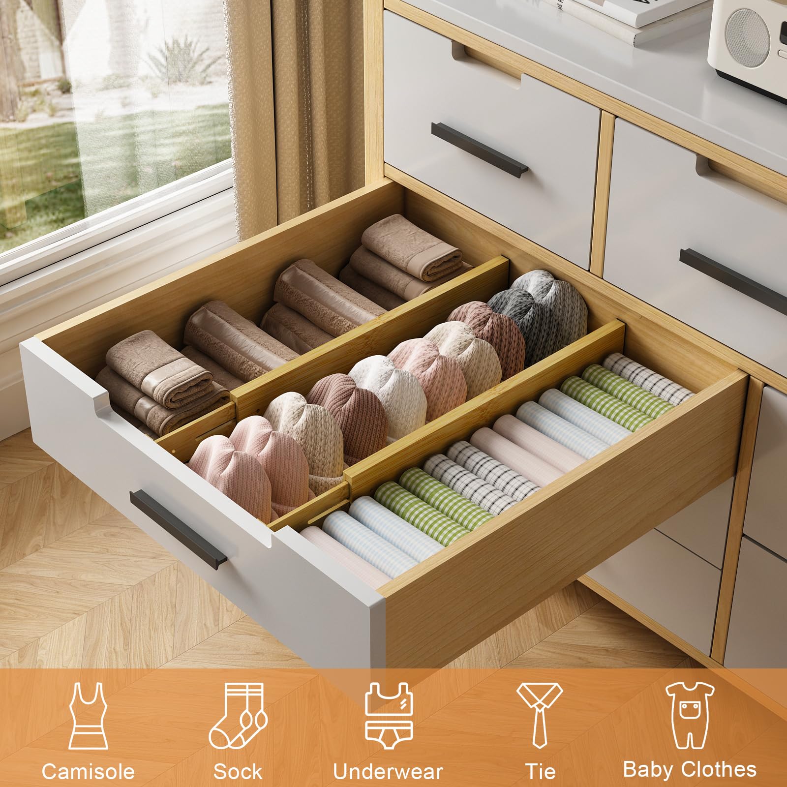 Divisori per cassetti in bambù, regolabili da 43,2 a 56 cm, organizer per cassetti da cucina, per vestiti, confezione da 8 separatori espandibili per organizzare i cassetti, per camera da