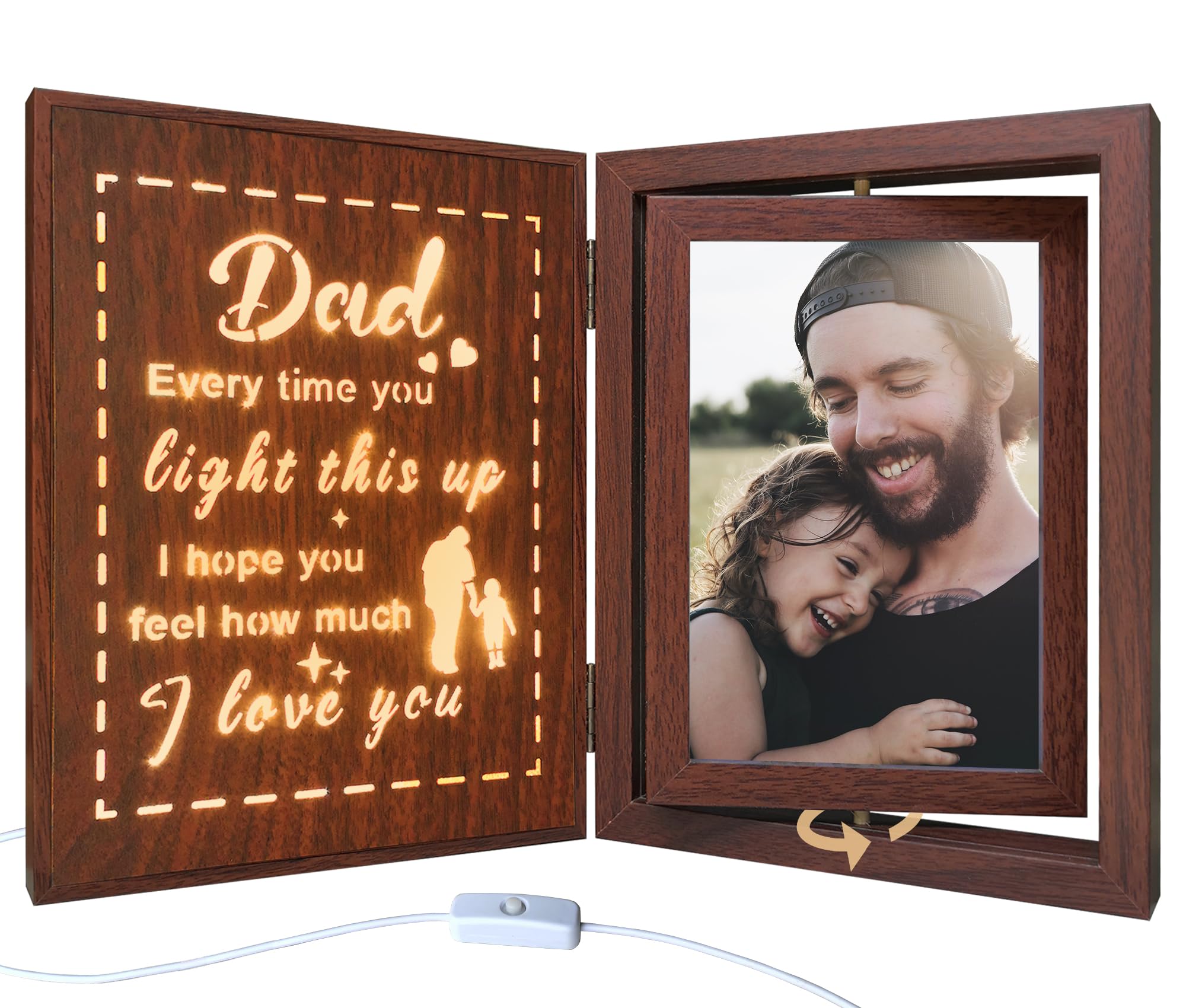 Dad Light Up Photo Frame Gifts from Daughter Son, Wooden Rotating Photo Frame for Dad Birthday Father's Day, Unique Sentimental Gifts for Father, Holds 2 4x6 Photos