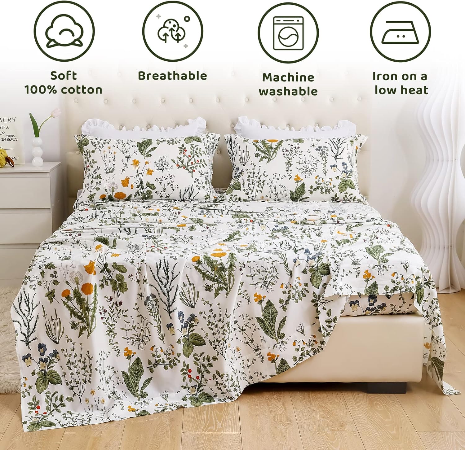QSH 100% Cotton Sheets for King Size Bed, Yellow Flowers Plant Pattern Botanical Luxury Cotton Printed Floral Bedding King Size Sheet with Deep Pockets 17" Soft and Breathable 4pcs