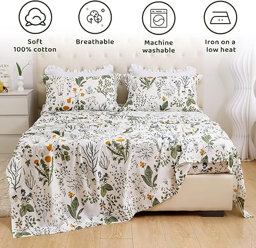 Miniatura 3 de QSH Sábanas 100% algodón para cama tamaño King, patrón de plantas de flores amarillas, algodón botánico de lujo, estampado floral, tamaño King con