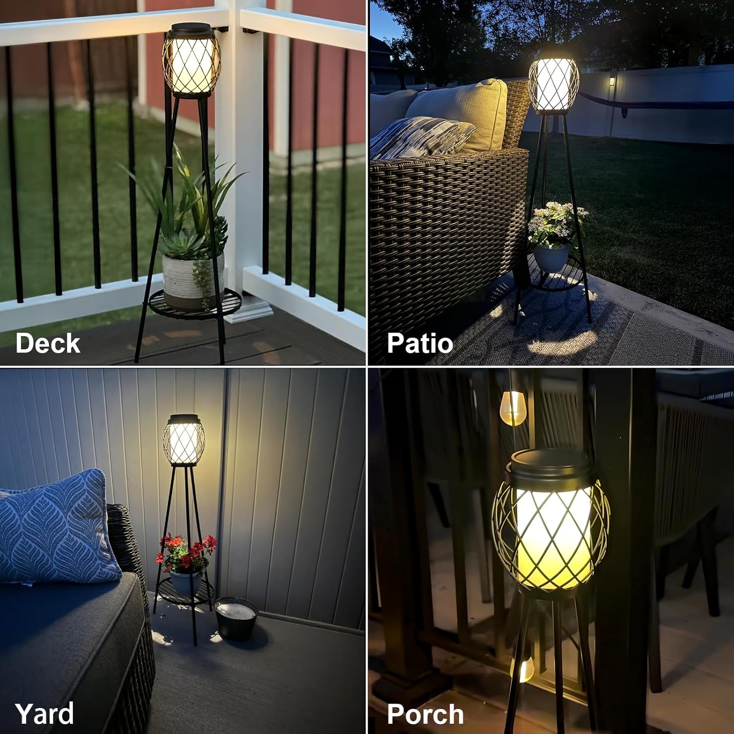 Solar Lights Outdoor with Plant Stands 2 Pack, Solar Floor Lamp Metal Tripod Patio Lights for Garden Yard Pathway Driveway Front/Back Porch Decoration-B- 2Pack Black - Single shelf