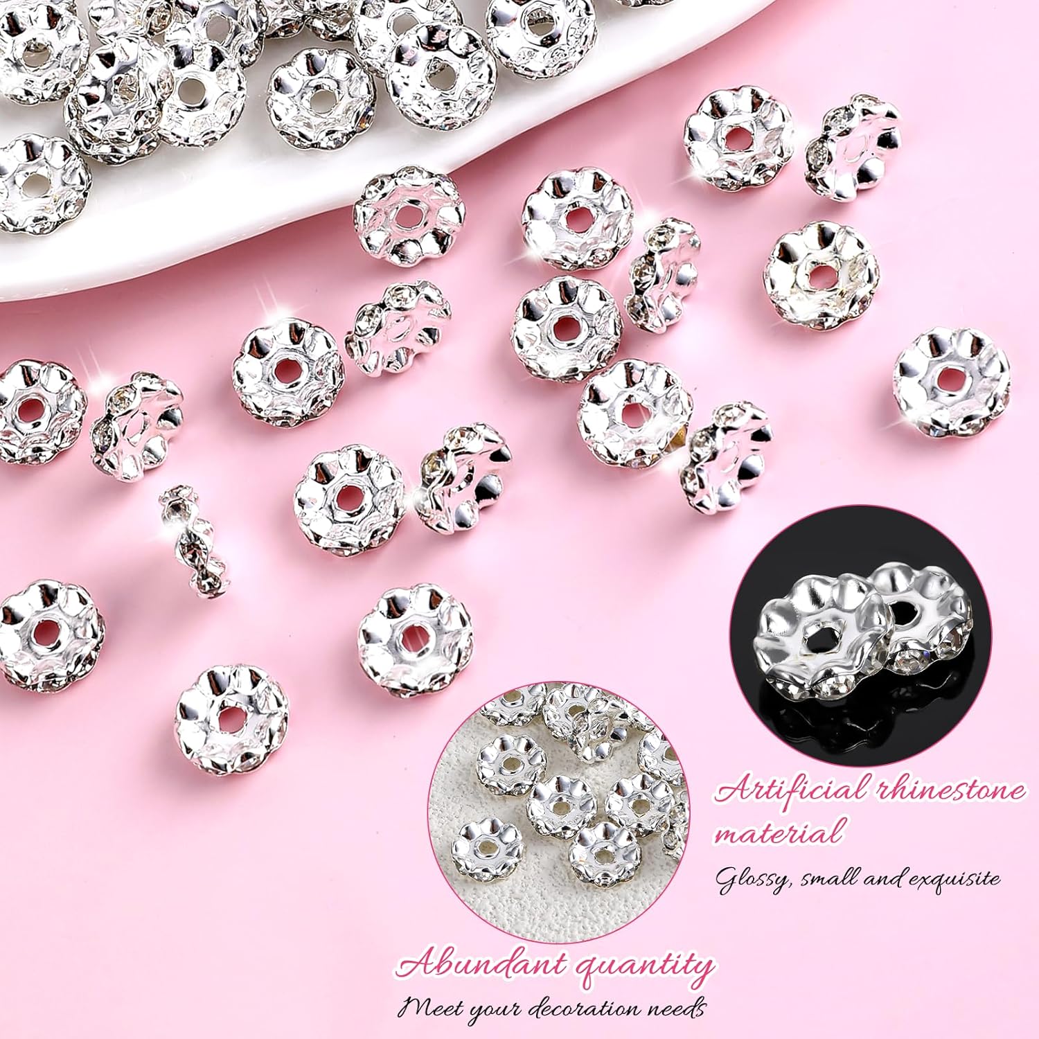 Giantree 100 Pcs 12mm Silver Rhinestone Spacer Beads for Jewelry Making, DIY Pens, Bracelets, Necklaces, Pens - Image 4