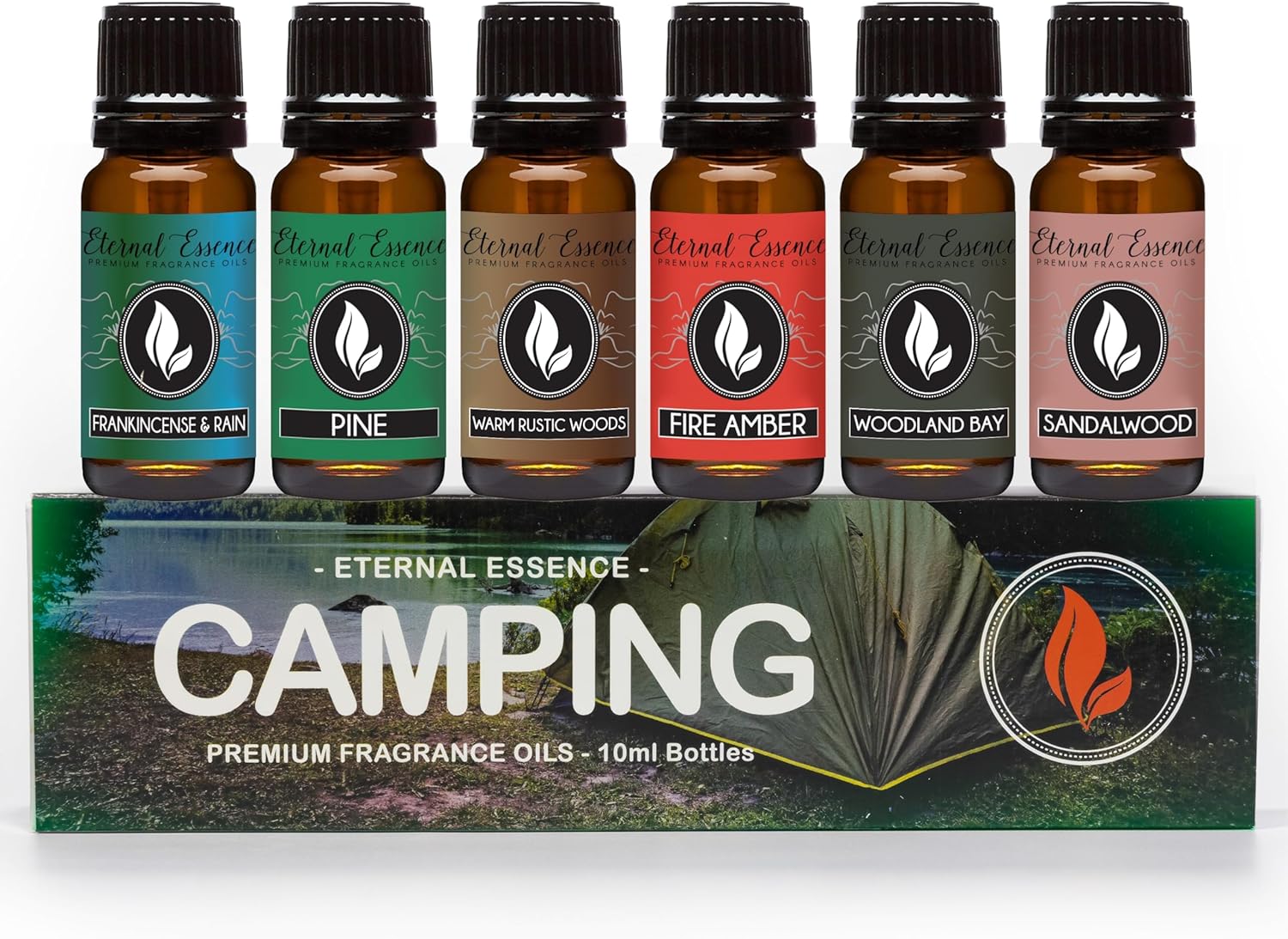 Eternal Essence Oils Camping Set of 6 Premium Fragrance Oils – Includes Warm Rustic Woods, Fire Amber, Pine, Sandalwood, Frankincense & Rain and Woodland Bay Scented Oils – 10ML