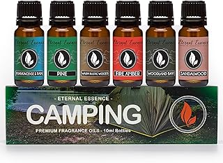 Eternal Essence Oils Camping Set of 6 Premium Fragrance Oils - Includes Warm Rustic Woods, Fire Amber, Pine, Sandalwood, Frankincense & Rain and Woodland Bay Scented Oils - 10ML
