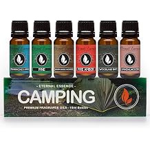 Eternal Essence Oils Camping Set of 6 Premium Fragrance Oils - Includes Warm Rustic Woods, Fire Amber, Pine, Sandalwood, Frankincense &amp; Rain and Woodland Bay Scented Oils - 10ML