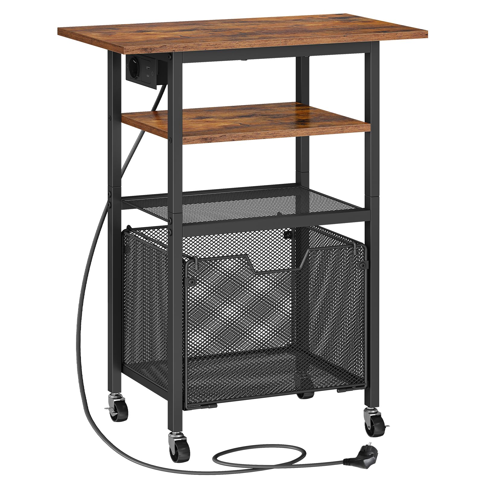 HOOBRO Soporte de Impresora con Estación de Carga, Mesa Rodante con Cajón para Documentos, Carrito Móvil de 4 Niveles con Toma CA, para Oficina, Marrón Rústico y Negro EBF17CPS01