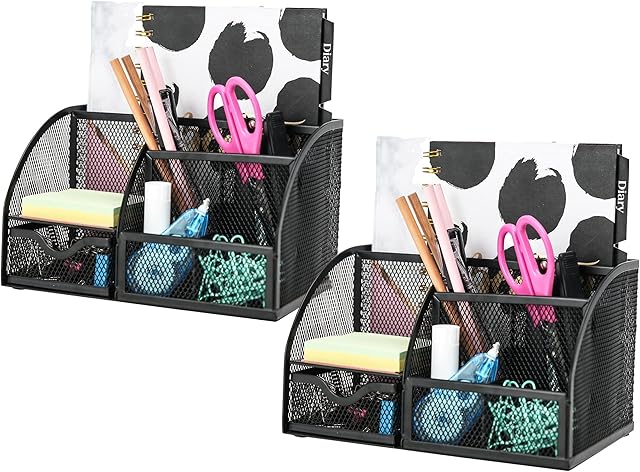 EXERZ Desk Organiser 2pcs set /Mesh Desk Tidy/Pen Holder/Multifunctional Organizer EX348 - Black