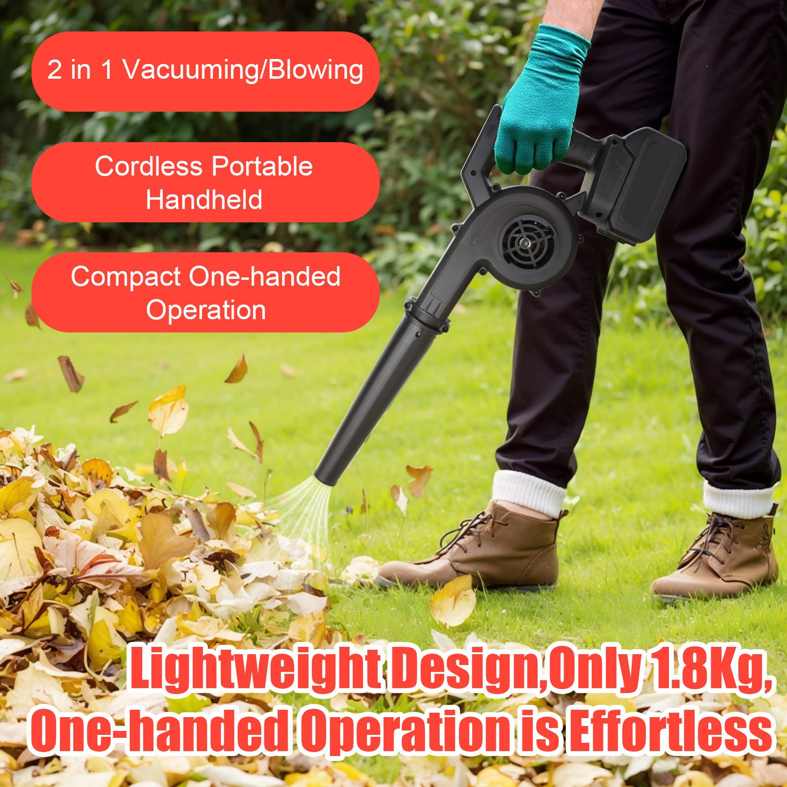 Soplador de Hojas, 2 en 1 Soplador Aspiradora de Aire Potente Sopladora Bateria de Ligero Electrico Leaf Blower para el Cuidado del Césped, Pelo de Mascota, Polvo del Coche y el Hogar
