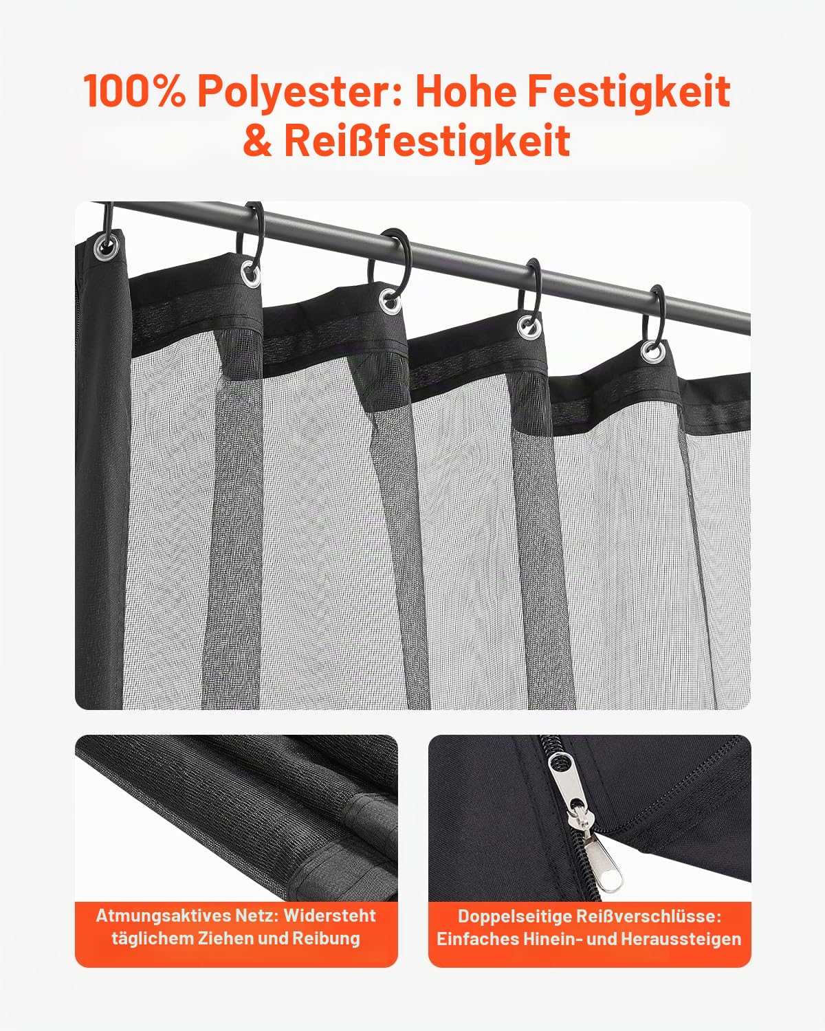 VEVOR Moskitonetz für Pavillon, Mückennetz-Ersatz, passend für 304,8x304,8x204,2 cm große Pavillons, Insektennetz, 4-teiliger Seitenwand-Pavillonvorhang, mit Doppelreißverschluss (NUR Netz)