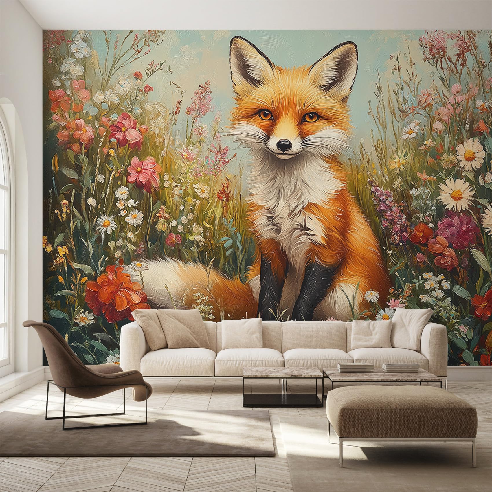 Fresque murale intissée renard mignon style peinture à l'huile, revêtement mural haut de gamme