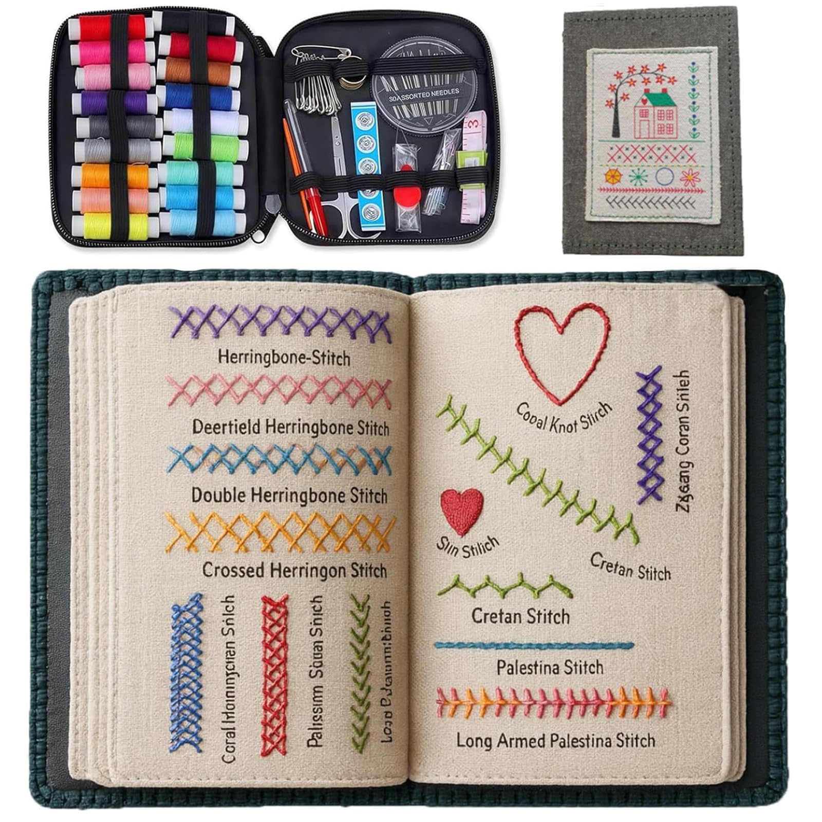 Embroidery Stitch Book Kit Portable Sewing Set with Tools & Tutorial Embroidery Sampler Book Ideal Beginner Craft Lovers Gift (86 Stitches)