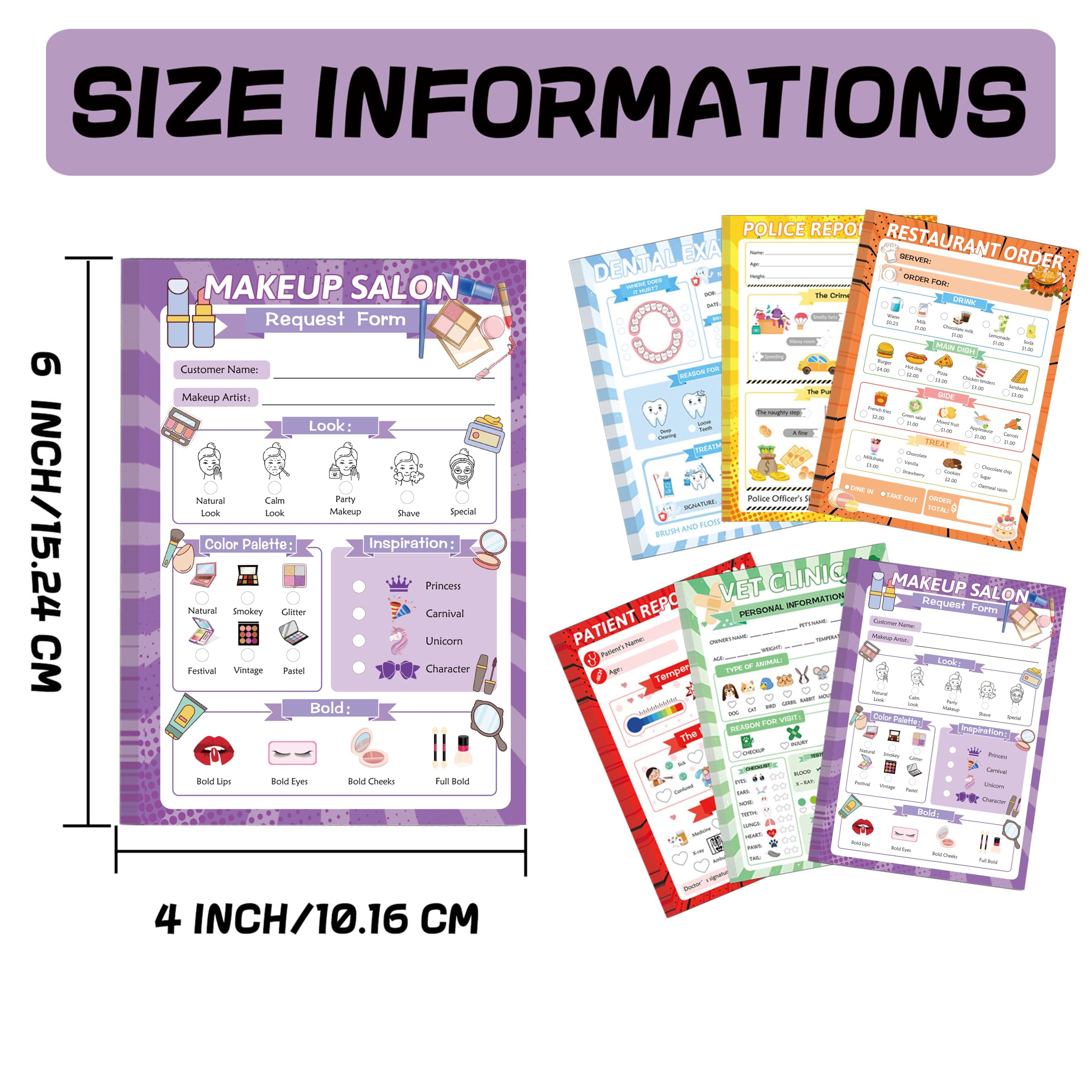 SMARSTICKER Pretend Play Notepads 6 Pack Playtime Pads Pretend Notebooks Imaginative Restaurant Doctor Police Vet Dentist Role Play Game Notepads for Boys & Girls - Image 2