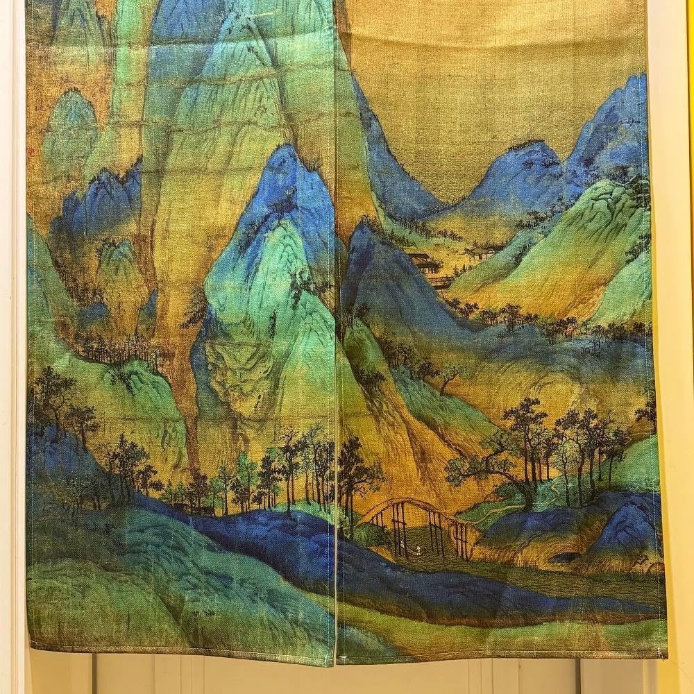 Ofat Home Chinese Blue-Green Landscape Noren Doorway Curtain – Classical Oriental Mountain Scenery Decorative Curtain for Entryway, Hallway & Home, 33.5" x 59"