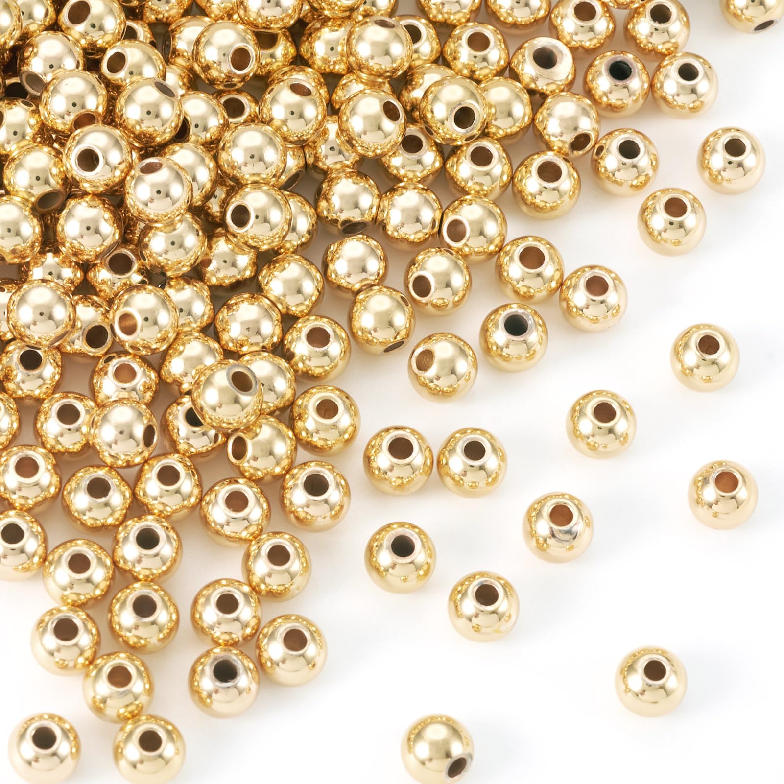 Bestewelry 300Pcs 5mm Brass Round Beads Real 14K Gold Plated Spacer Beads Seamless Smooth Metal Loose Beads for DIY Crafts Necklace Bracelet Jewelry Making