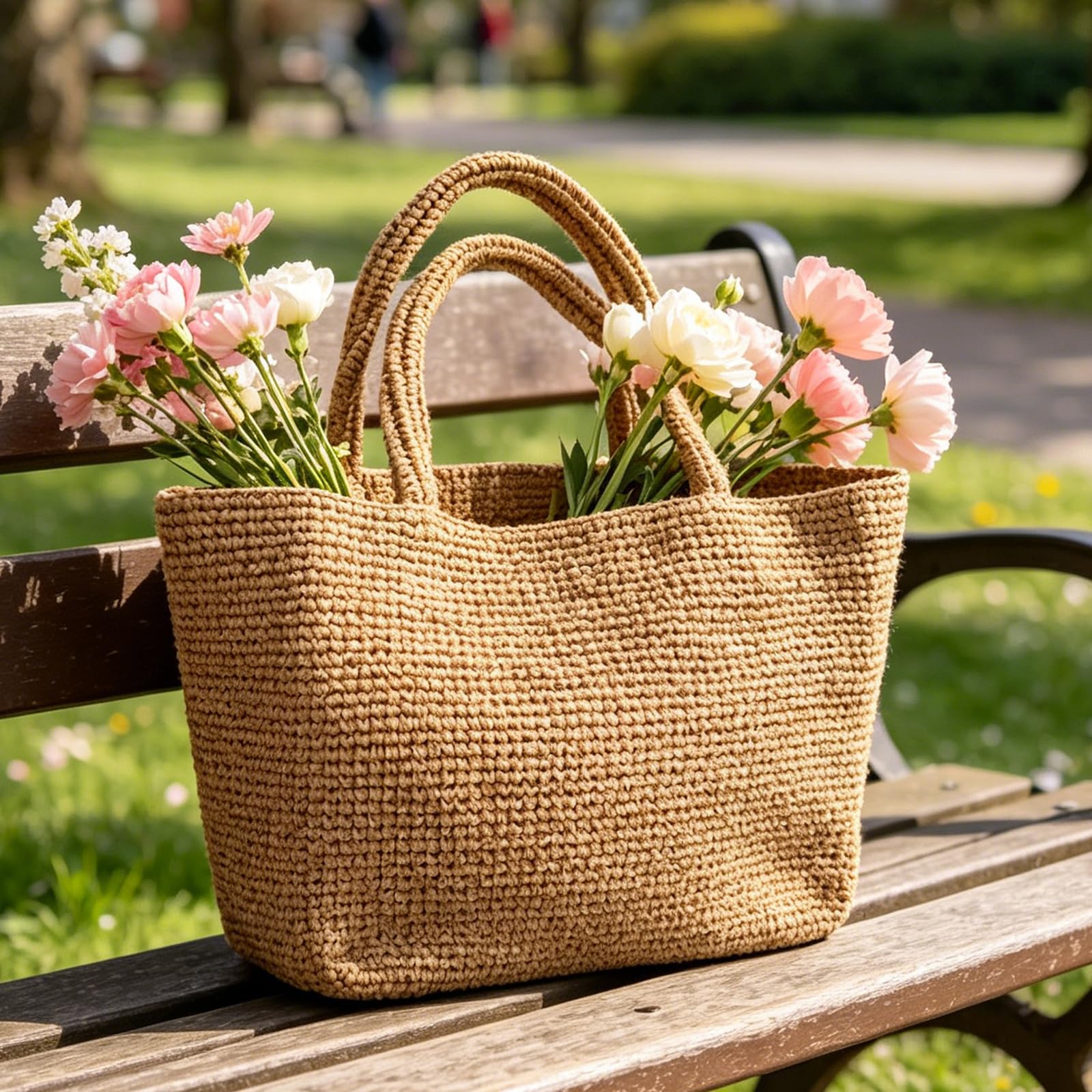 Borsa da spiaggia intrecciata in rafia per donna | Borsa tote all'uncinetto versatile, fatta a mano, adatta a viaggi, lavoro e mercato, presa comoda