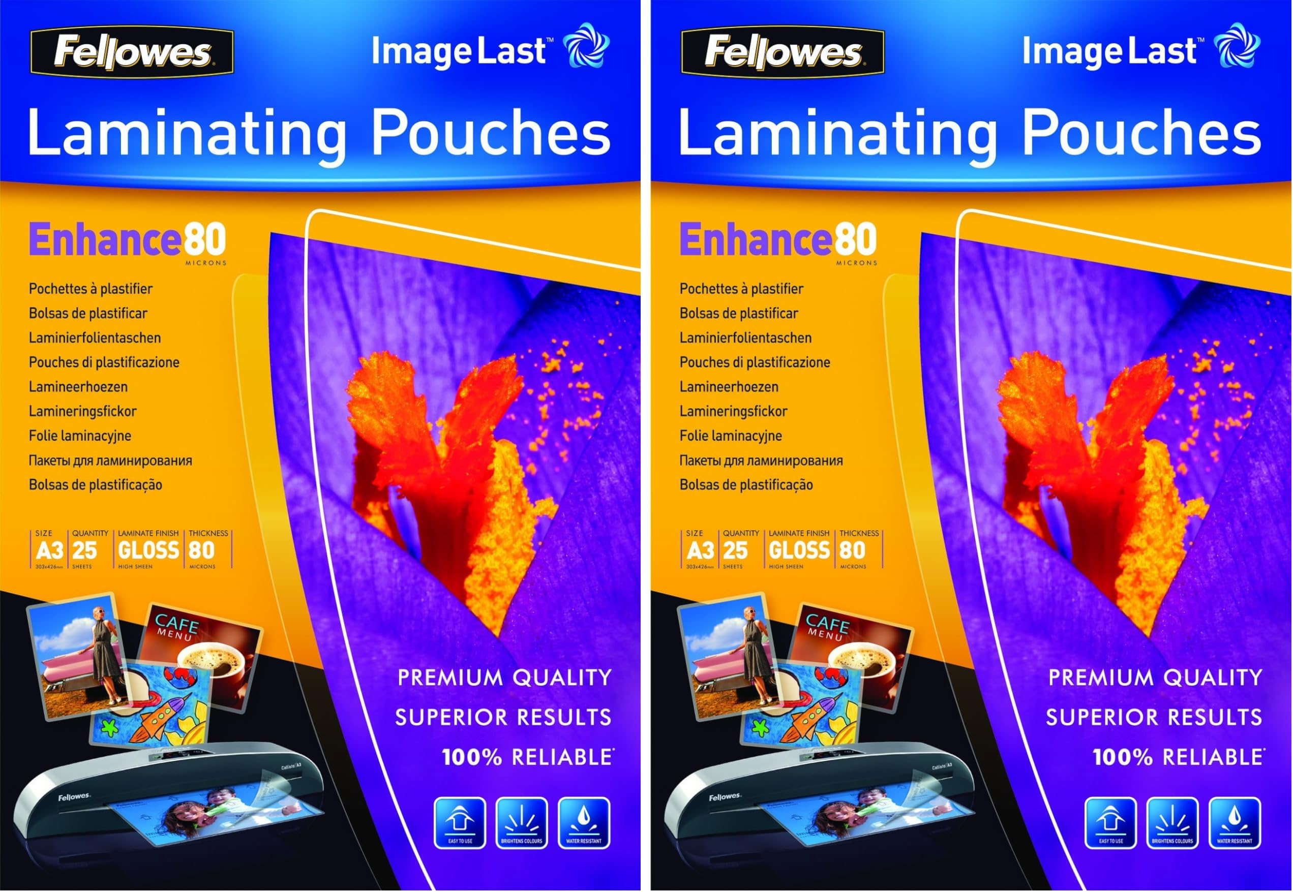 A3 Laminating Pouches, Gloss, 160 Micron (2 x 80 Micron) with Image Last Directional Quality Mark, Pack of 50