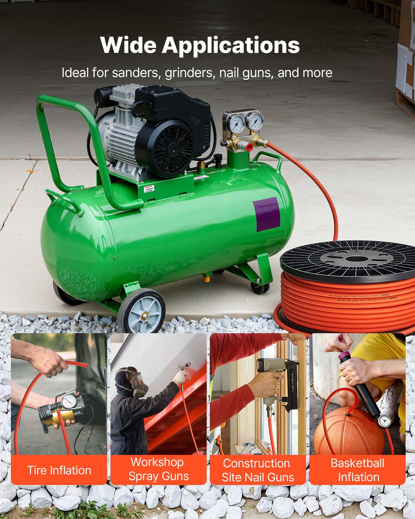 VEVOR Manguera de Aire Híbrida Flexible, 9,53 mm de Diámetro y 7620 cm de Longitud, Tubo Neumático de 20,68 bar con Material Híbrido de Tres Capas para Automóviles, Hogar y Construcción, Naranja