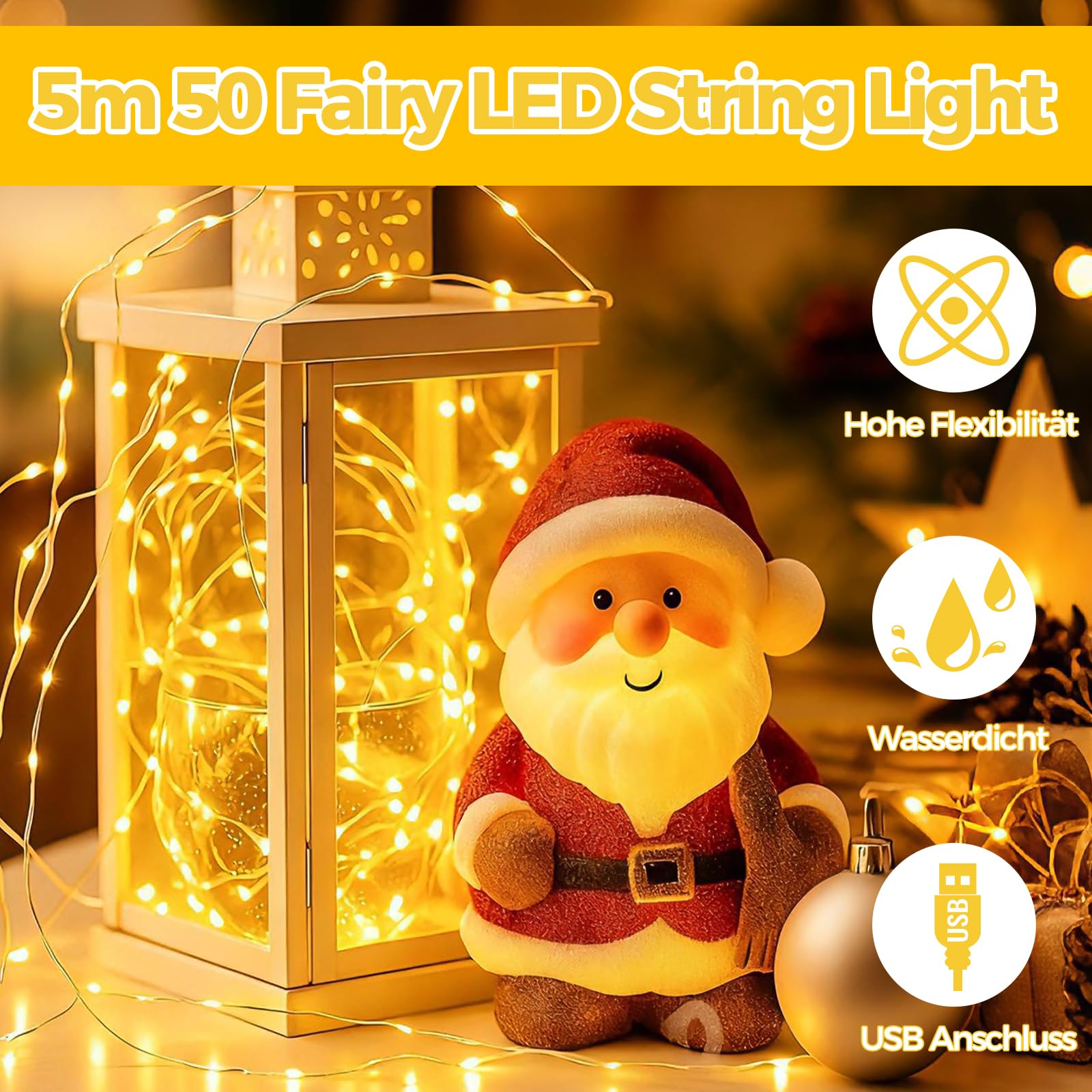 ALEGRE łańcuch świetlny LED z USB, 5 m, 50 diod LED, łańcuch świetlny z drutem miedzianym z wtyczką, wodoodporny łańcuch świetlny w kolorze ciepłej bieli do użytku wewnątrz i na zewnątrz, świąteczne