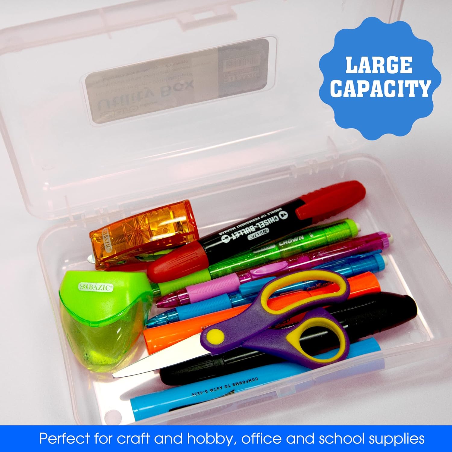 BAZIC Products Plastic Pencil Case Utility Storage Box, Clear Color, Multi Purpose Organizer for Pens Pencils, 24-Pack