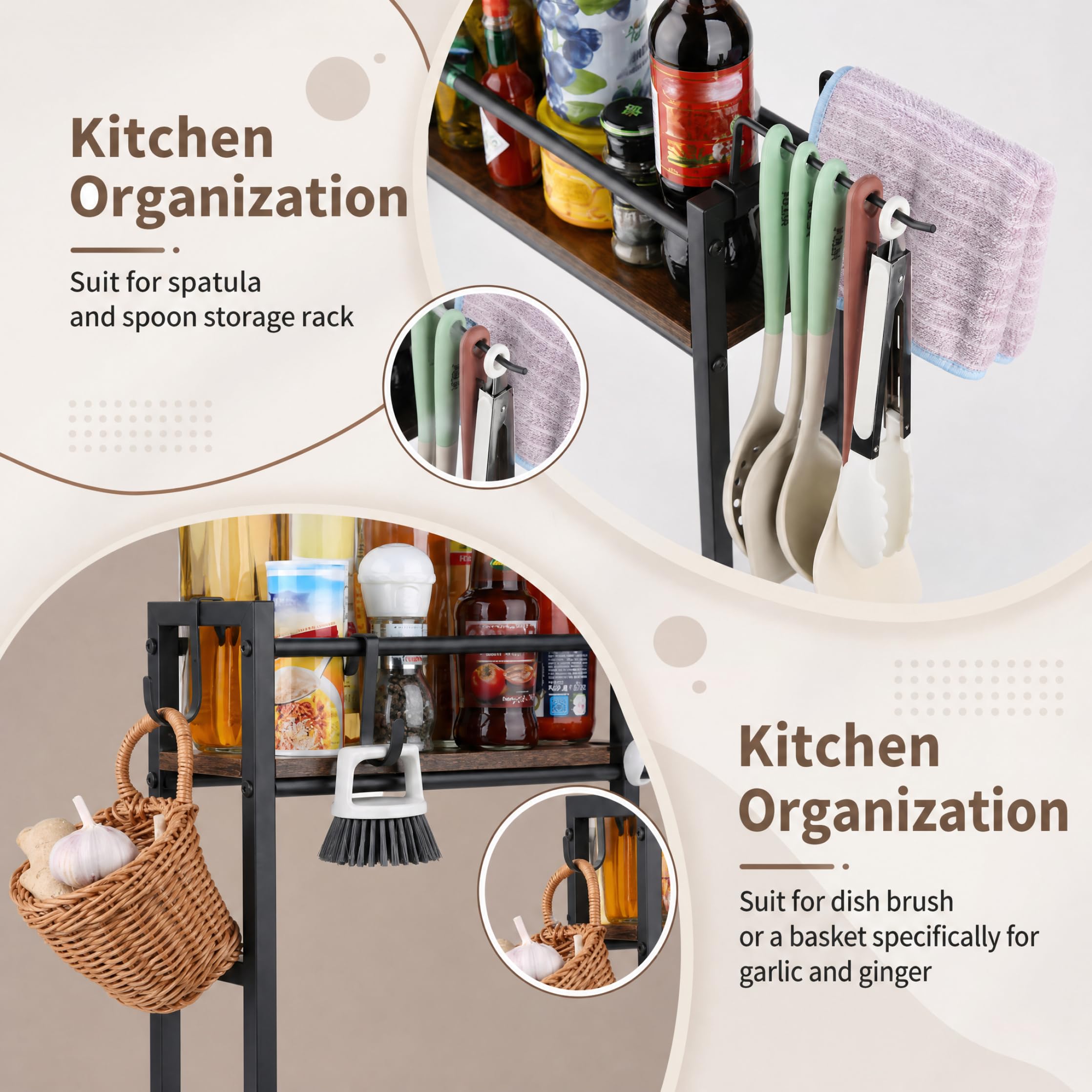 Au-dessus du support à épices de la cuisinière, étagère de rangement noire avec crochets