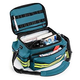 Scherber First Responder Fully-Stocked Professional Essentials EMT/EMS Trauma Kit | HSA/FSA Approved | Reflective Bag w/8 Zippered Pockets & Compartments & 200+ First Aid Supplies - Blue