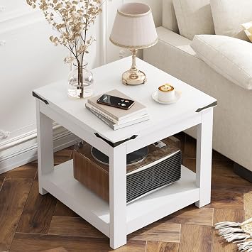 Homieasy End Table, 20x20 Inch Square Side Table for Living Room, Large Wood Accent Table with Storage Shelf, Modern Farmhouse Nightstand Bedside Table, White