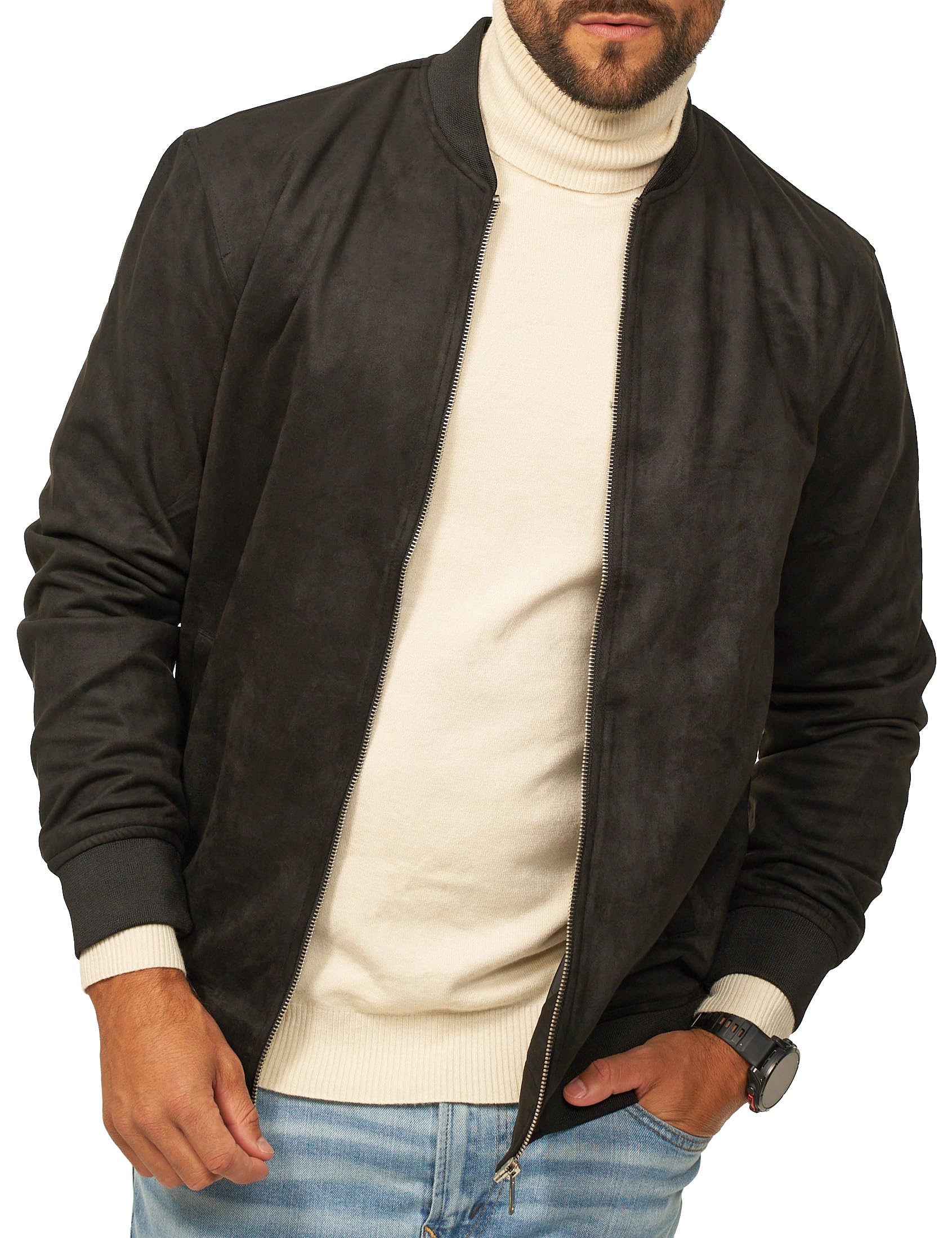 behype. Herren Blouson-Jacke als Weiche Übergangsjacke - Dünne Bomberjacke mit Baseball Stehkragen in Leder-Optik für Männer - Men's Jacket