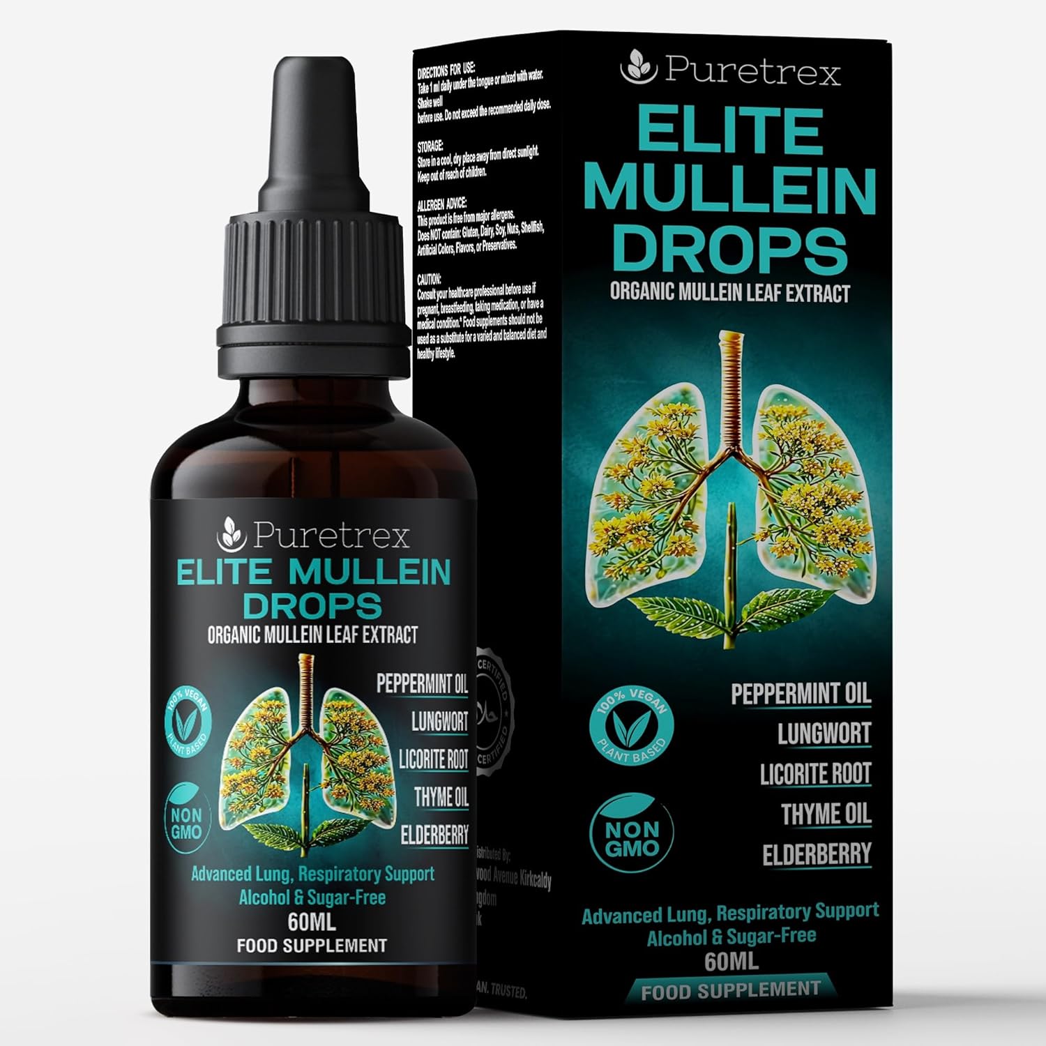 Elite Mullein Drops, Organic Mullein Leaf Extract, 60ml, Lung & Respiratory Support Supplement