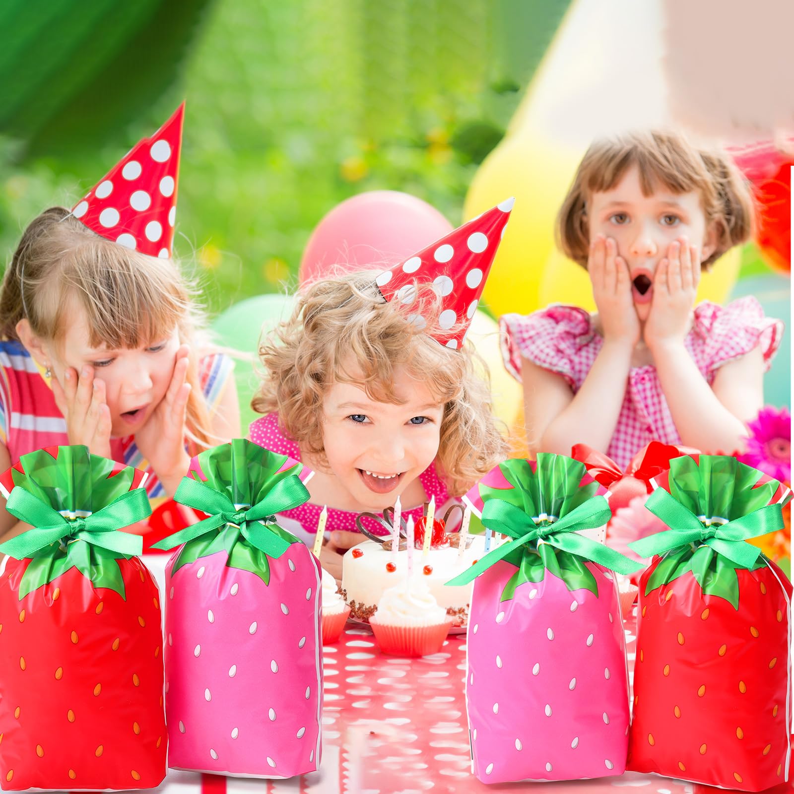 Pasimy 50 Pcs Strawberry Gift Bags Bulk 5.9 x 9 in Plastic Red Pink Strawberry Party Drawstring Favor Treat Goodie Candy Bags for Strawberrys Party Strawberrys Birthday Decorations Supplies, 2 Designs