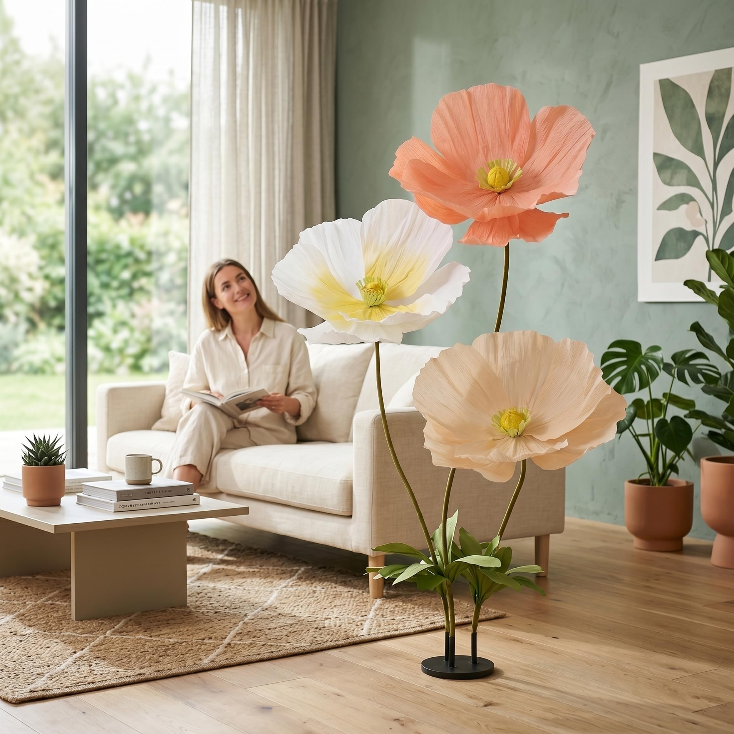 Riesenblumen, Riesenblumen zur Dekoration mit Ständer, künstliche Mohnblumen für Garten, Hotel, Büro, Fotografie-Requisiten, Hochzeit, Kunstgalerie, Schaufensterauslage – 6 Fuß/170 cm