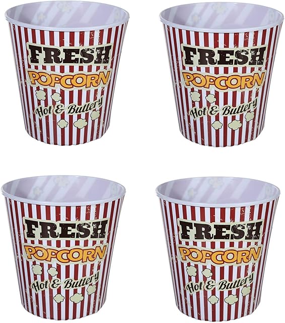 Invero Set of 4 Family Size Classic Retro Vintage Plastic Popcorn Bucket 2.8L - Ideal for Movie Nights for Kids or Adults