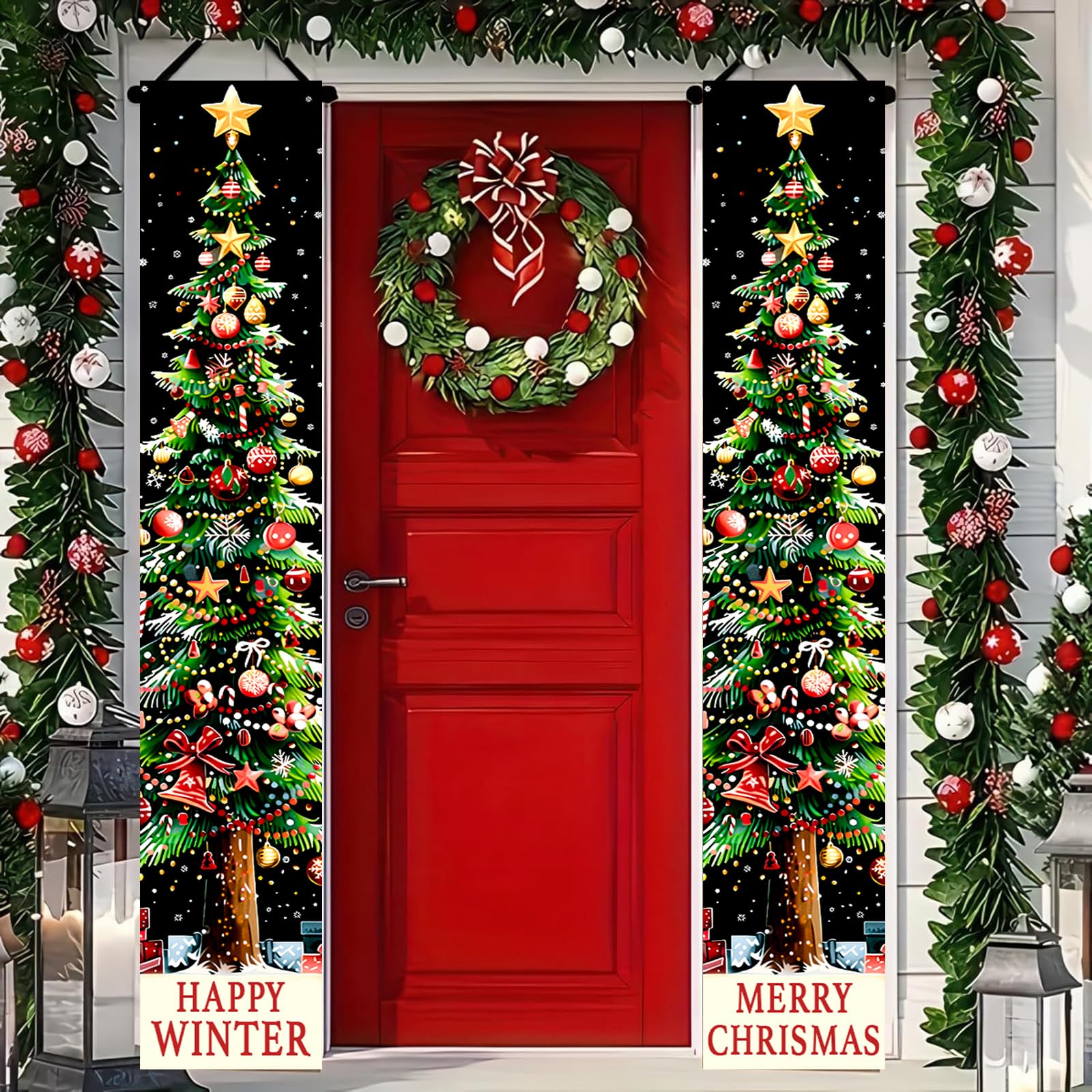 BlissYard Xmas Tree Banner 12x71 Inch Happy Winter Christmas Wall Hanging Holiday Decoration Window Cover Vertical Door Background Red Green Gold Ornament Window Banner Indoor Outdoor — image 1