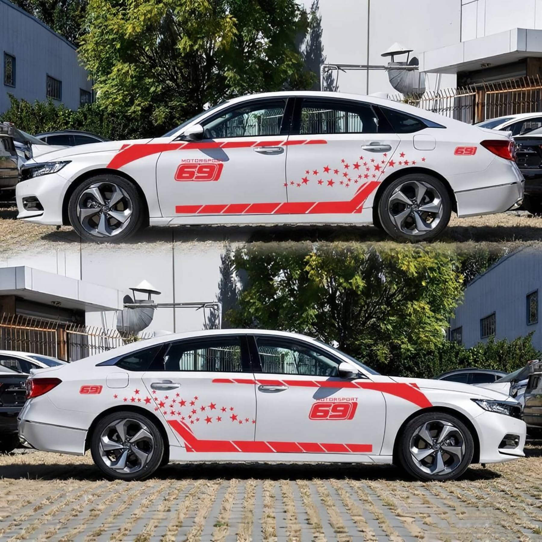 Auto Aufkleber, Sterne Streifen Dekorative Vinyl Aufkleber für Motorhaube und Tür Karosserie(Rot)