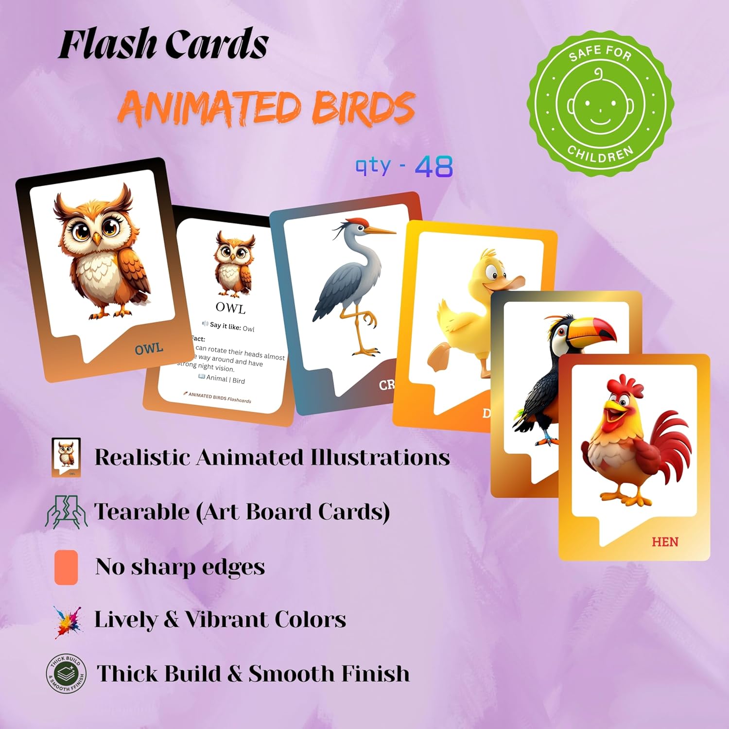 Animated Birds Flashcards – Art Board Learning Cards for Toddlers, Preschool & Kindergarten, Double-Sided Set